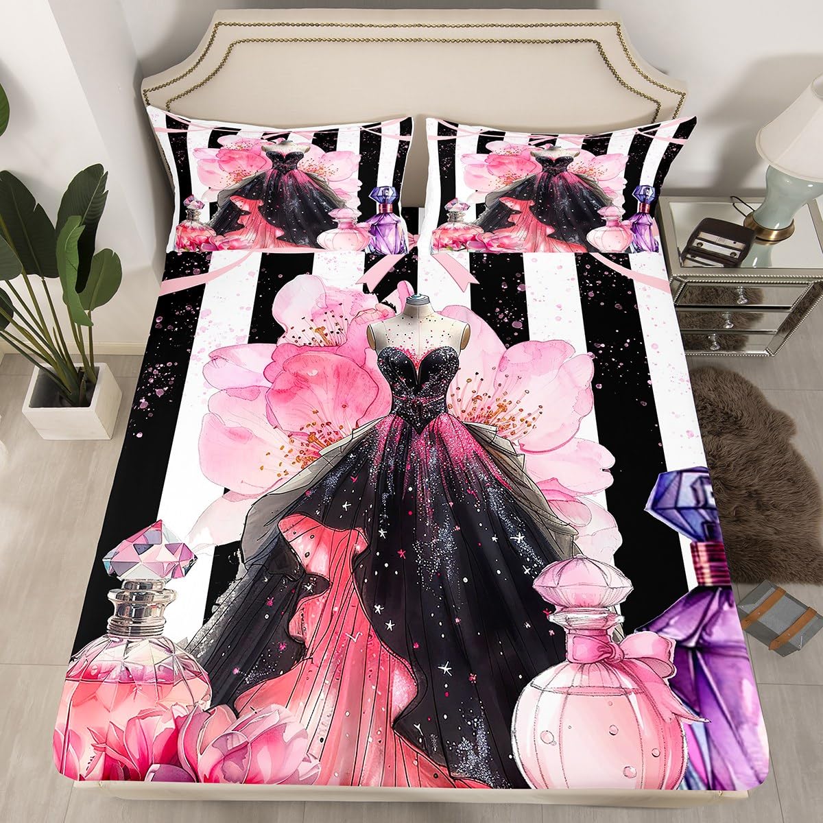 Erosebridal Girly Modern Fashion King Bed Sheets | Girls Women Coquette Dress Sheets Black and White Striped Flat Fitted Sheet Cute Coquette Bow Bed Sets