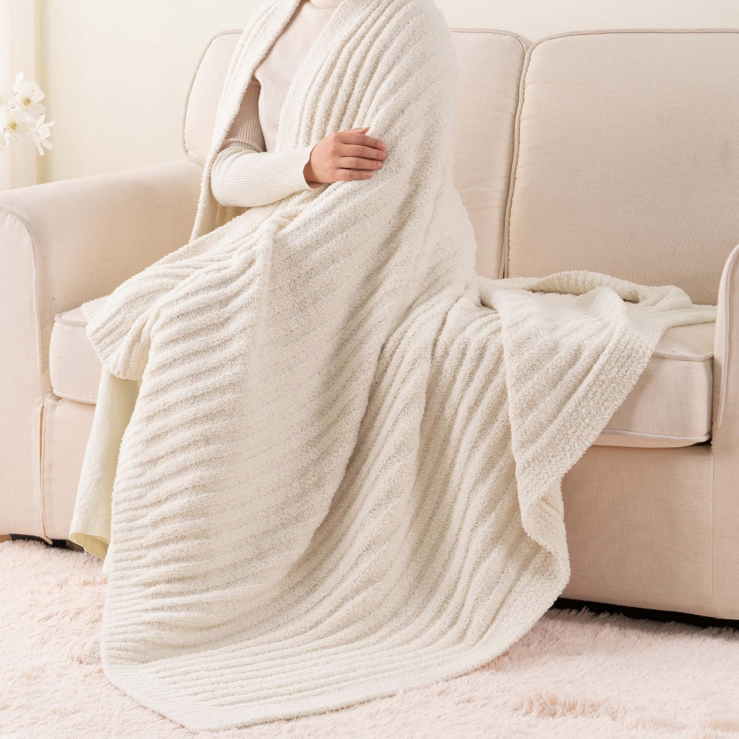 BATTILO White Throw Blanket for Couch, Knit Fuzzy Plush Cream Throw Blankets, Warm Cozy Lightweight Blanket for Bed, Sofa, Home Decor, 50"x60"