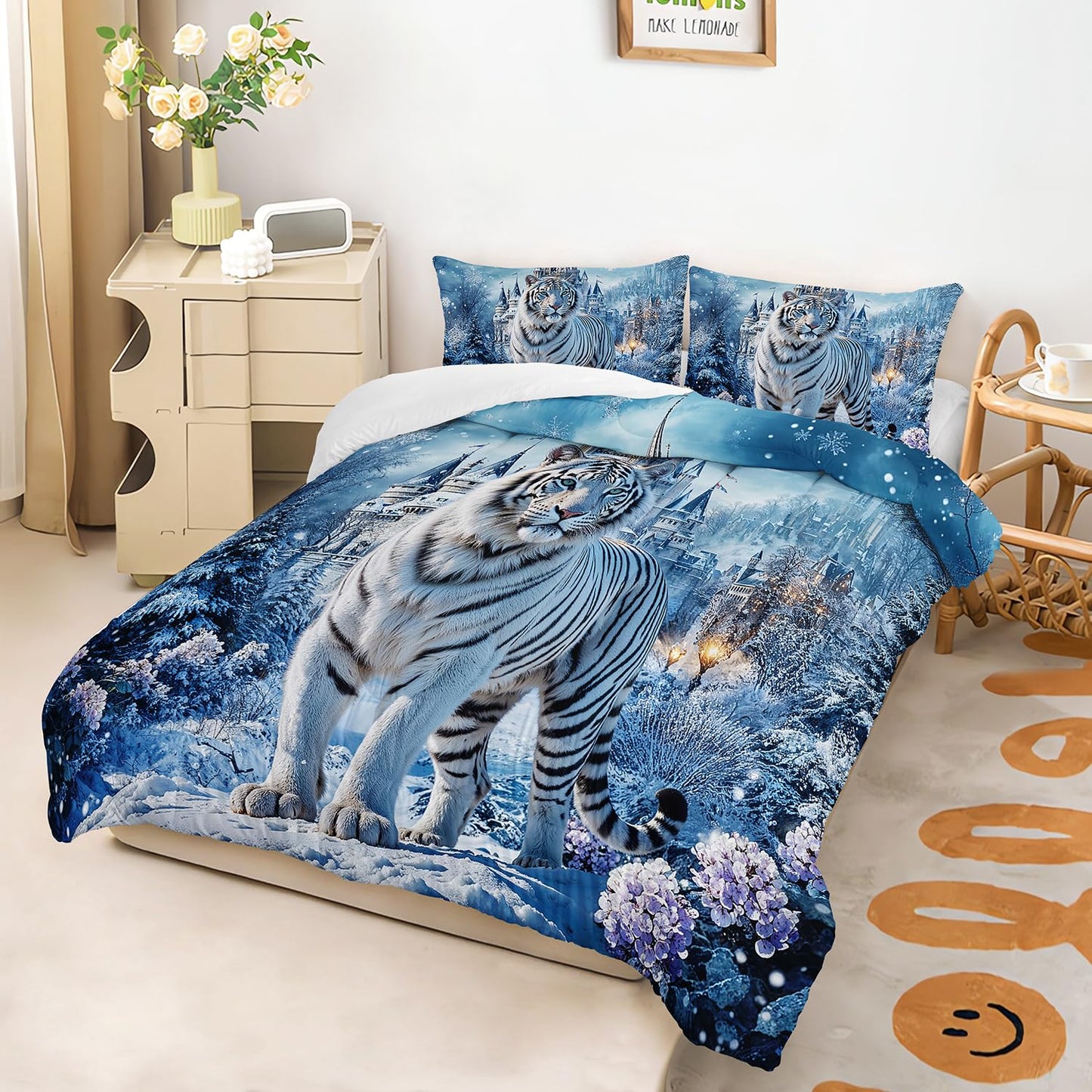 White Tiger Wild Animal Comforter 3Pcs Twin Safari Hunt Flower Bedding Set