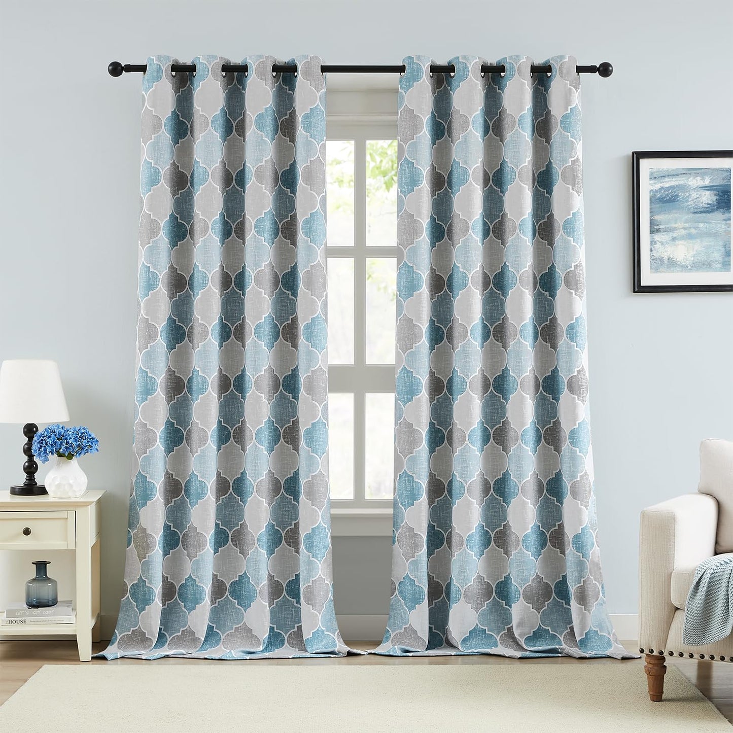 Ronaldecor Full Blackout Geometric Print Curtains 84 Inches Long 2 Panels Gray Blue Moroccan Drapes Room Darkening Thermal Insulated Grommet Top Window Treatments Set for Bedroom Living Room, 52" W