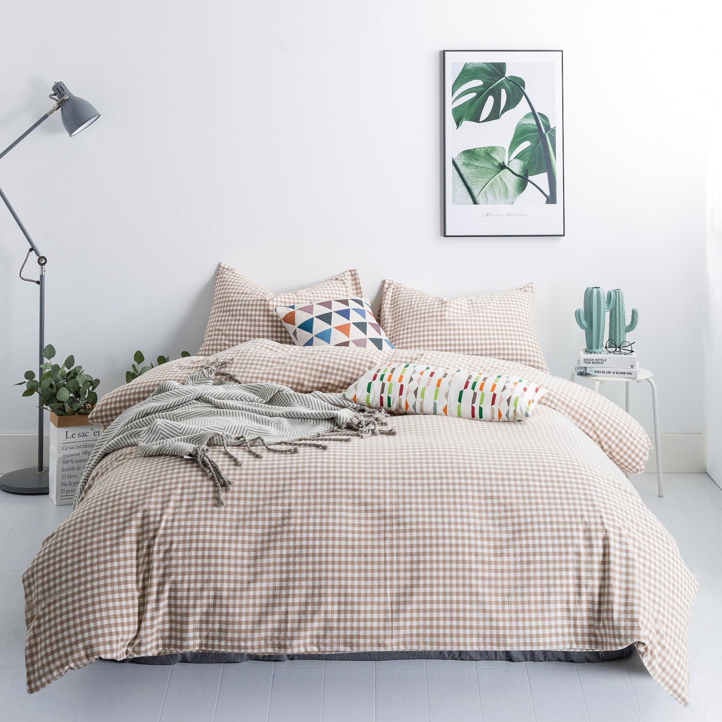 SUSYBAO Tan Gingham Duvet Cover Queen 100% Washed Cotton Beige Plaid Duvet Cover Set 3 Pieces Set 1 Soft Checkered Grid Duvet Cover with Zipper Ties 2 Pillowcases Luxury Farmhouse Gingham Bedding Set