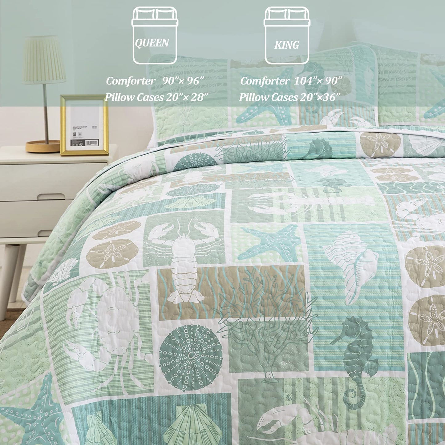 DJY 3 Pieces Quilt Set King Coastal Green Theme Quilt Coverlet Set Beach Reversible Bedspread with 2 Pillow Shams Soft Microfiber Coastal Bedding Quilt Set for All Season 104"x90"