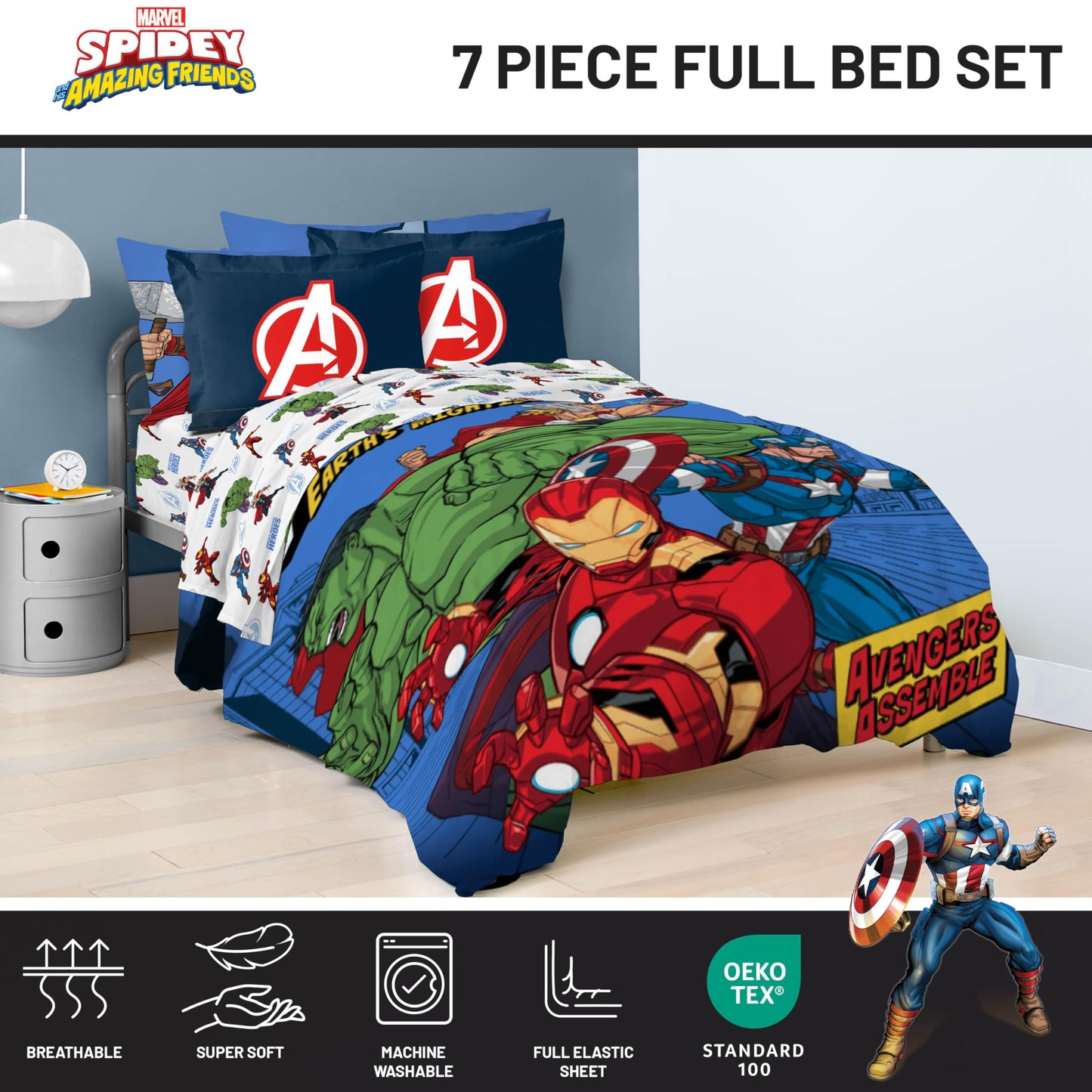 Jay Franco Kids Bed Set, Blue, Avengers, 7 Piece Full