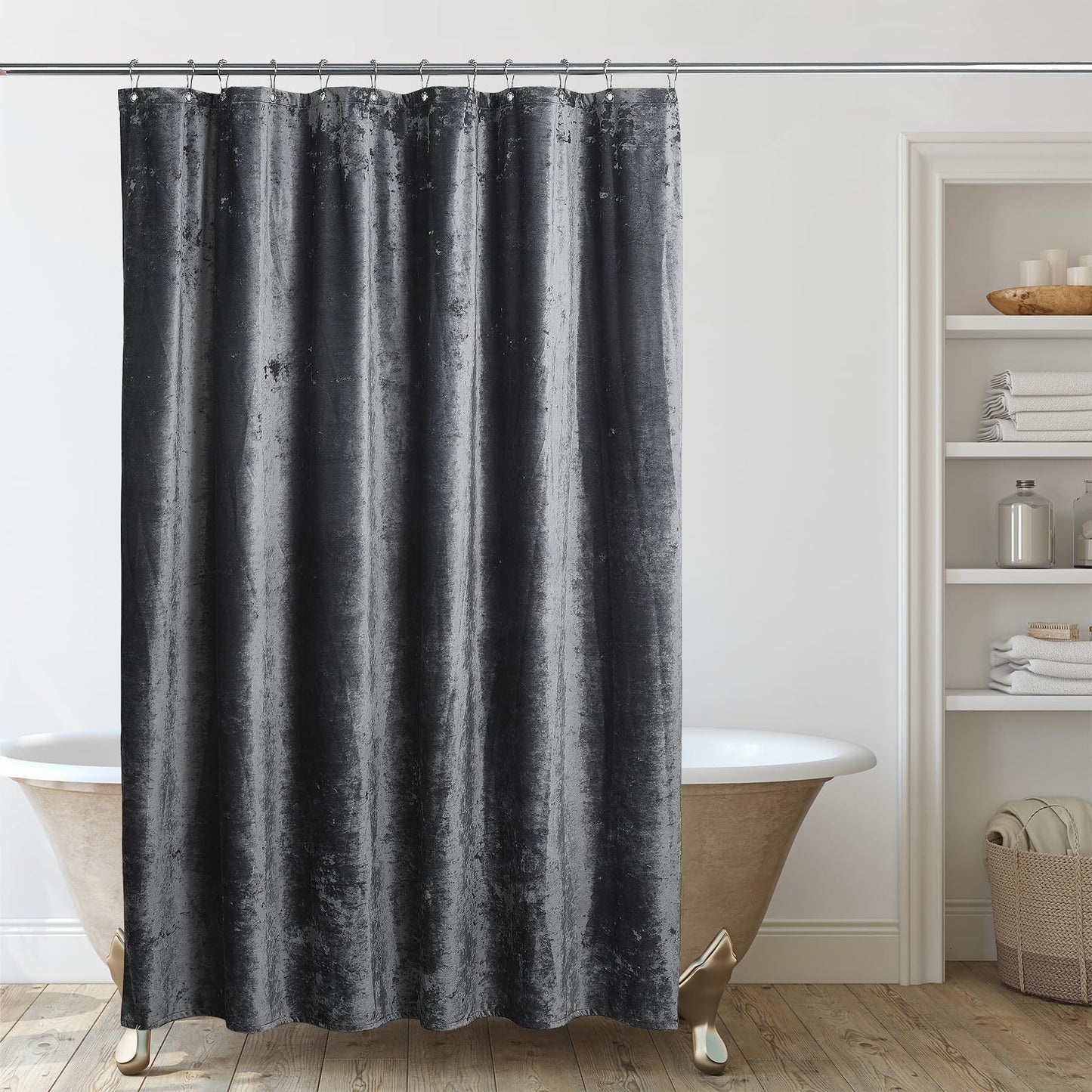 TAMGHO Crushed Velvet Shower Curtain, Grey, 72x72 Inches, Waterproof Gray Velvet Fabric with Nickel Hooks, Machine Washable