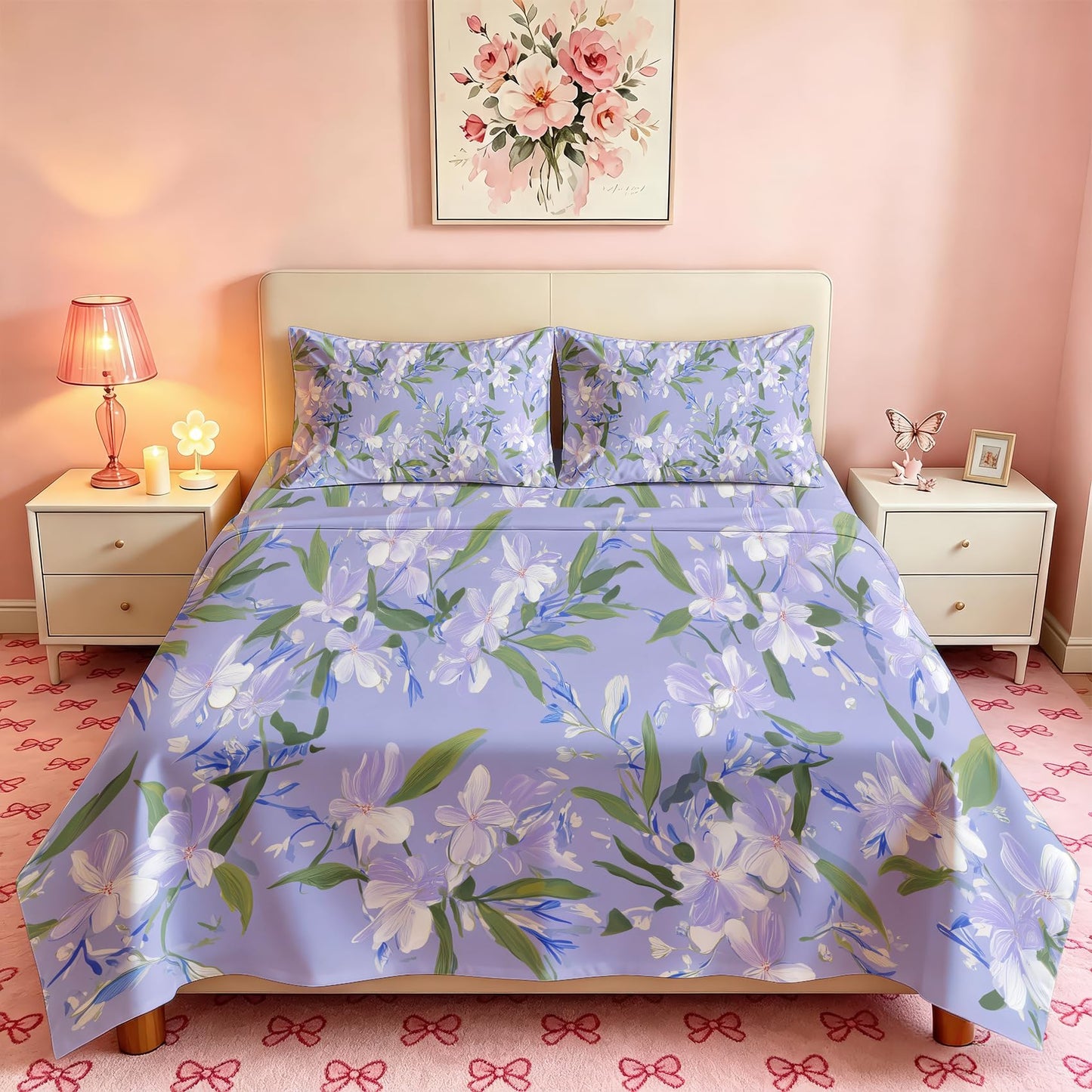 Purple Floral California King Bedding Set Romantic Flower Sheet Sets
