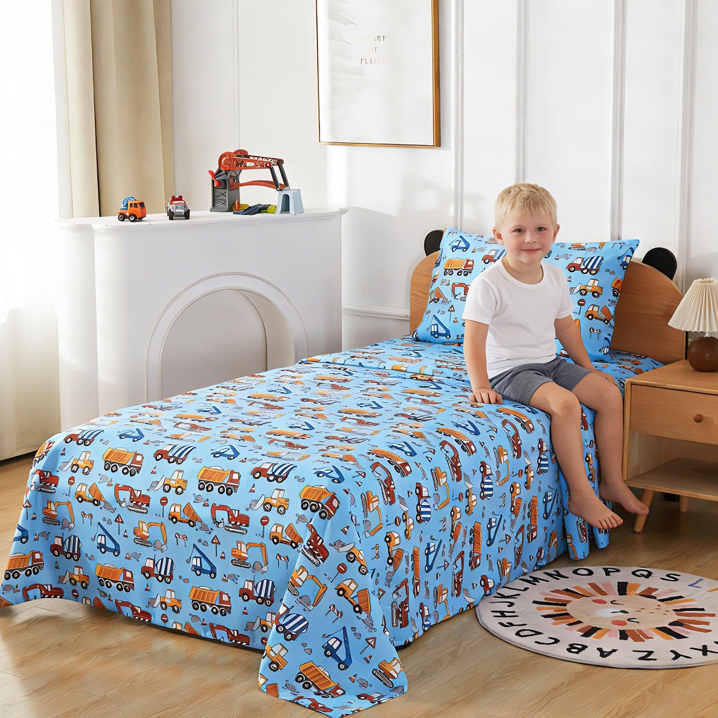 Softan Kids Bed Sheet Set, 3-Piece Twin Sheets Set, Microfiber Fitted Sheet with Corner Straps, Breathable & Silky Soft Blue Heavy Duty Vehicle Pattern Sheet and Pillowcase Sets