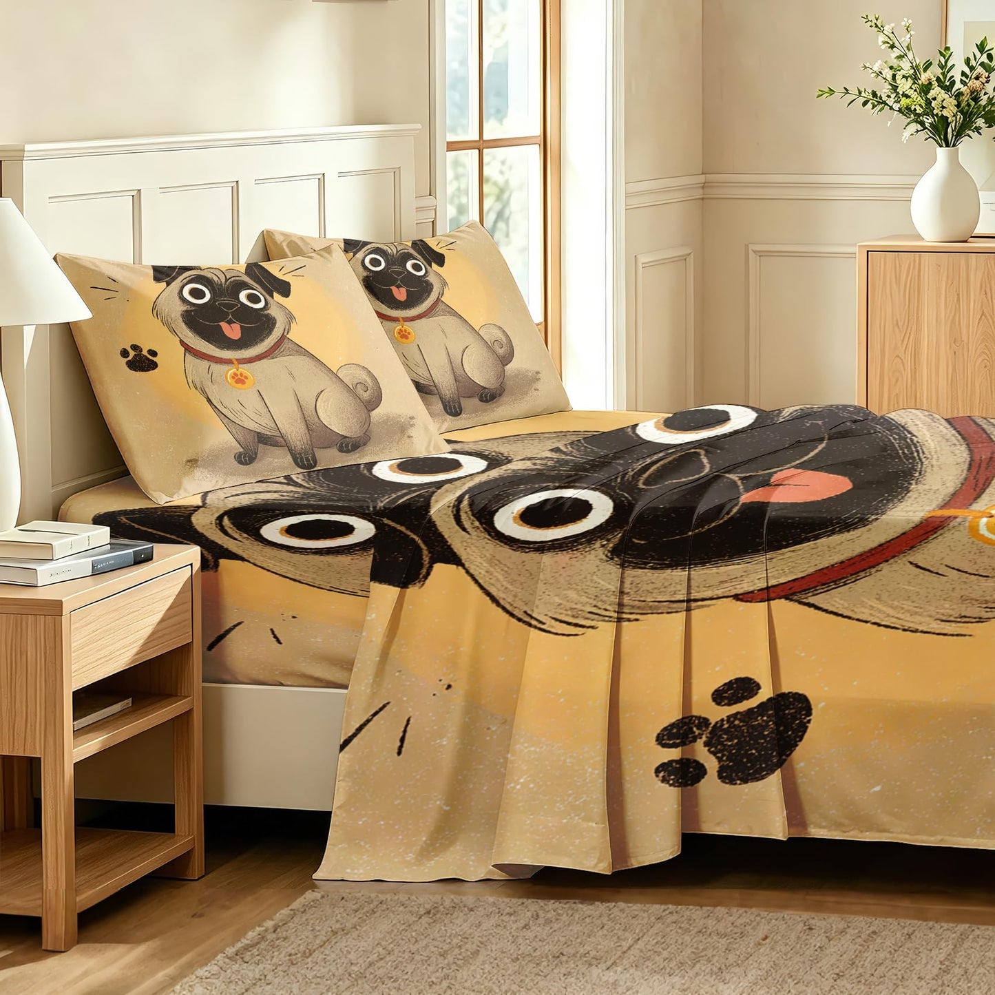 Pug Dog Sheet Set, 4 Pcs Queen Size Funny Puppy Bed Sheets, Beige