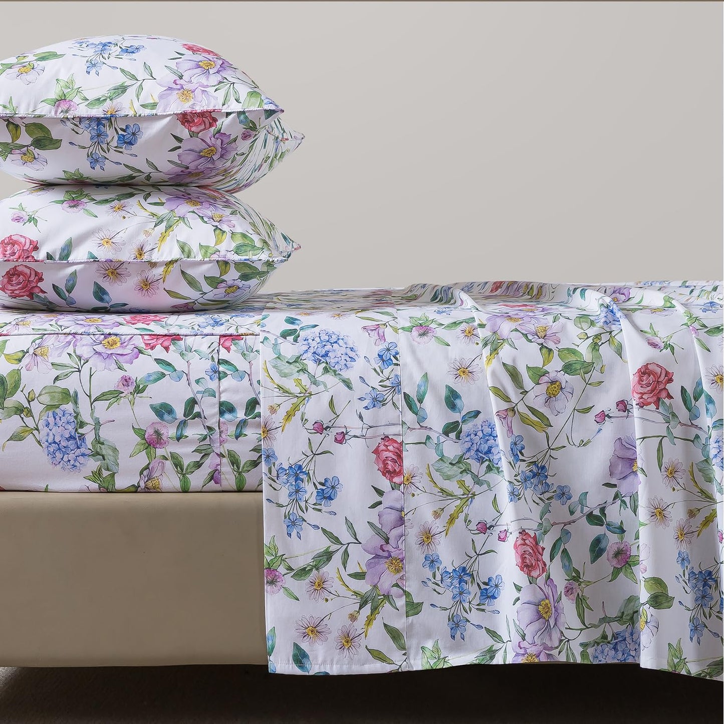 FADFAY Garden Floral Queen Sheet Set, 100% Cotton Botanical Print Bedding, Soft Breathable 4-Piece Bed Sheets with Deep Pocket, All Season