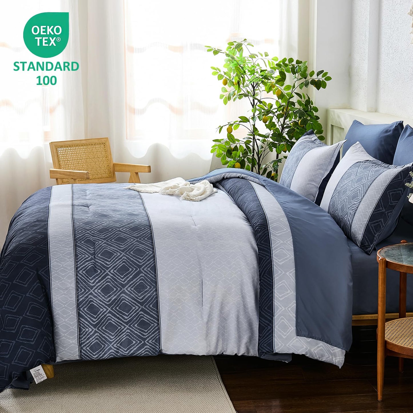 Dinjoy Boho Queen Comforter Set Mineral Blue,7 Piece Bed in a Bag Queen Size Lightweight Striped Bedding Sets with Plaid Comforters with Sheets for Family All Season