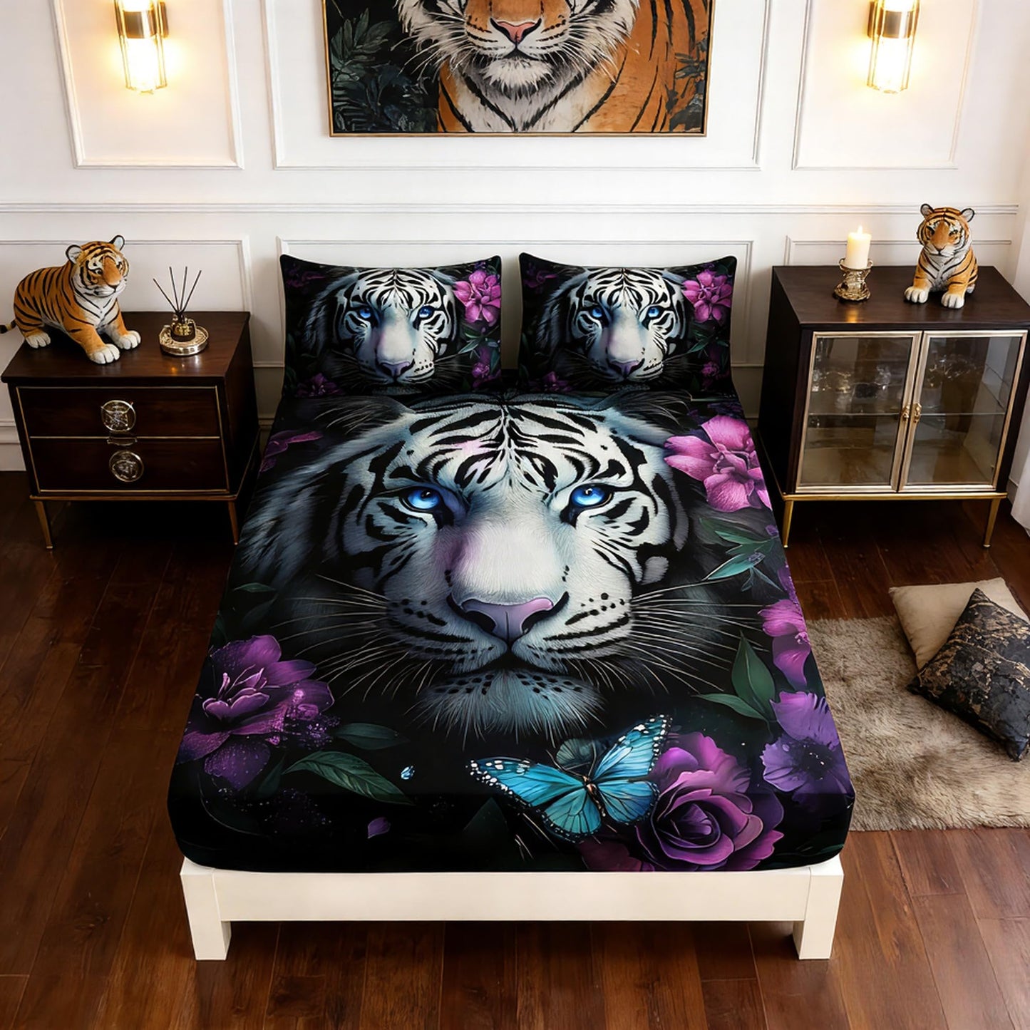 UEVBF Wild Animal Themed Fitted Sheet Set Twin Size,White Leopard Floral Print Bedding Sets for Kids Teens Room Decor,Gothic Bedding All Season,1 Fitted Sheet + 2 Pillowcases.