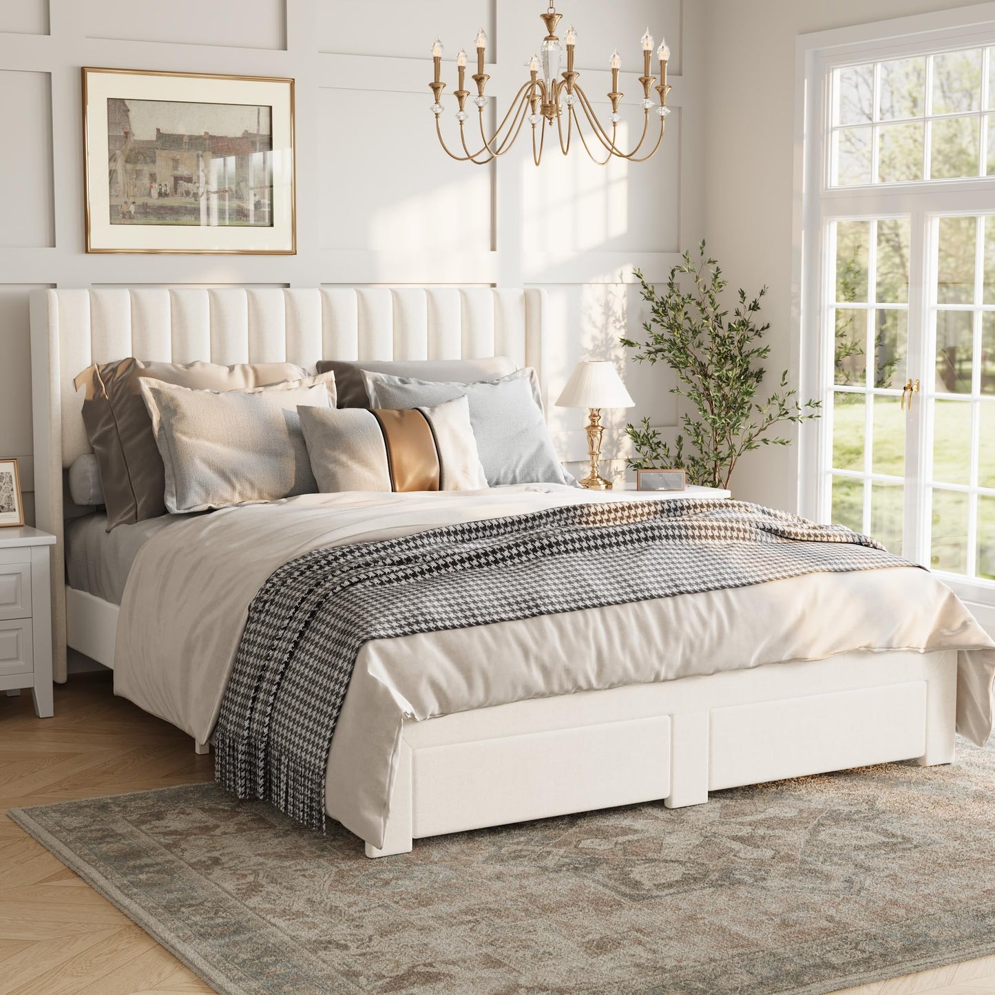 GarveeHome Full Size Bed Frame, Bed Frame Upholstered Platform Bed with Velvet Headboard, Wing Edge Design, 2 Storage Drawers, No Box Spring Needed, Beige