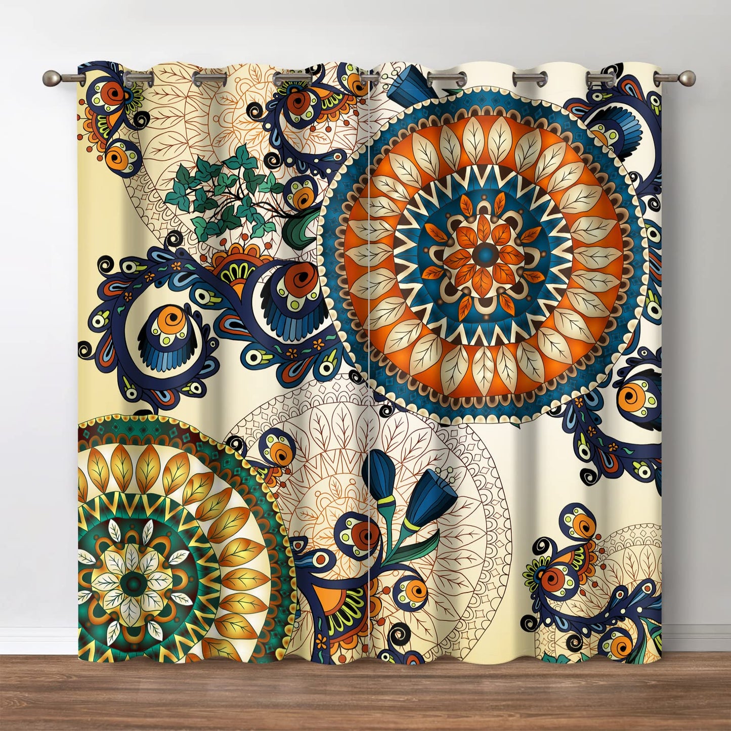 Jekeno Bohemian Flower Blackout Curtains - Boho Mandala Floral Flowers Print Pattern Grommet Darkening Drapes Decor for Bedroom Living Room Apartment Privacy Window Treatments 2 Panels Set, 52"X84"
