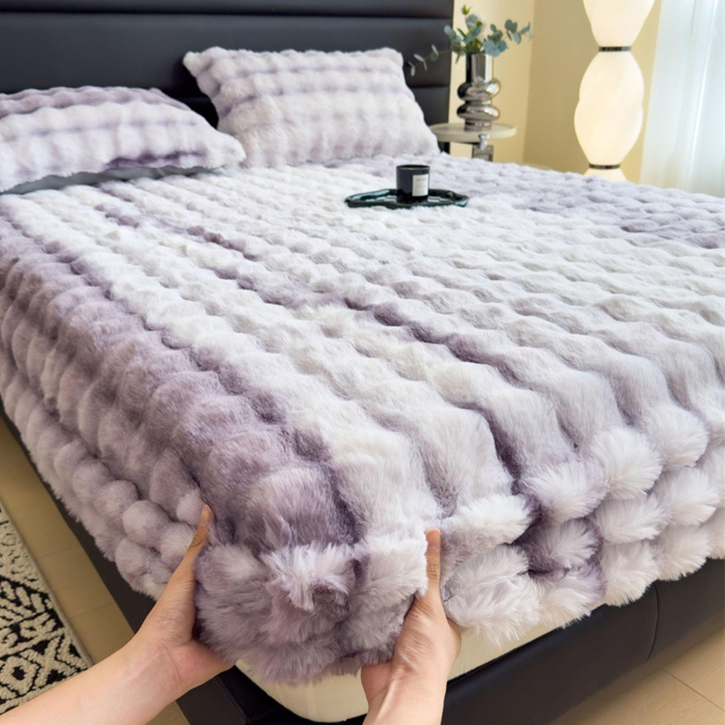 Elastic Bed Sheets, Milk Velvet Fitted Sheet, Winter Warm Mattress Cover, Faux Rabbit Fur Fitted Sheets, Fluffy Mattress Protector Bedspread, Machine Washable and Non-Fade(D,2 Pillowcases)