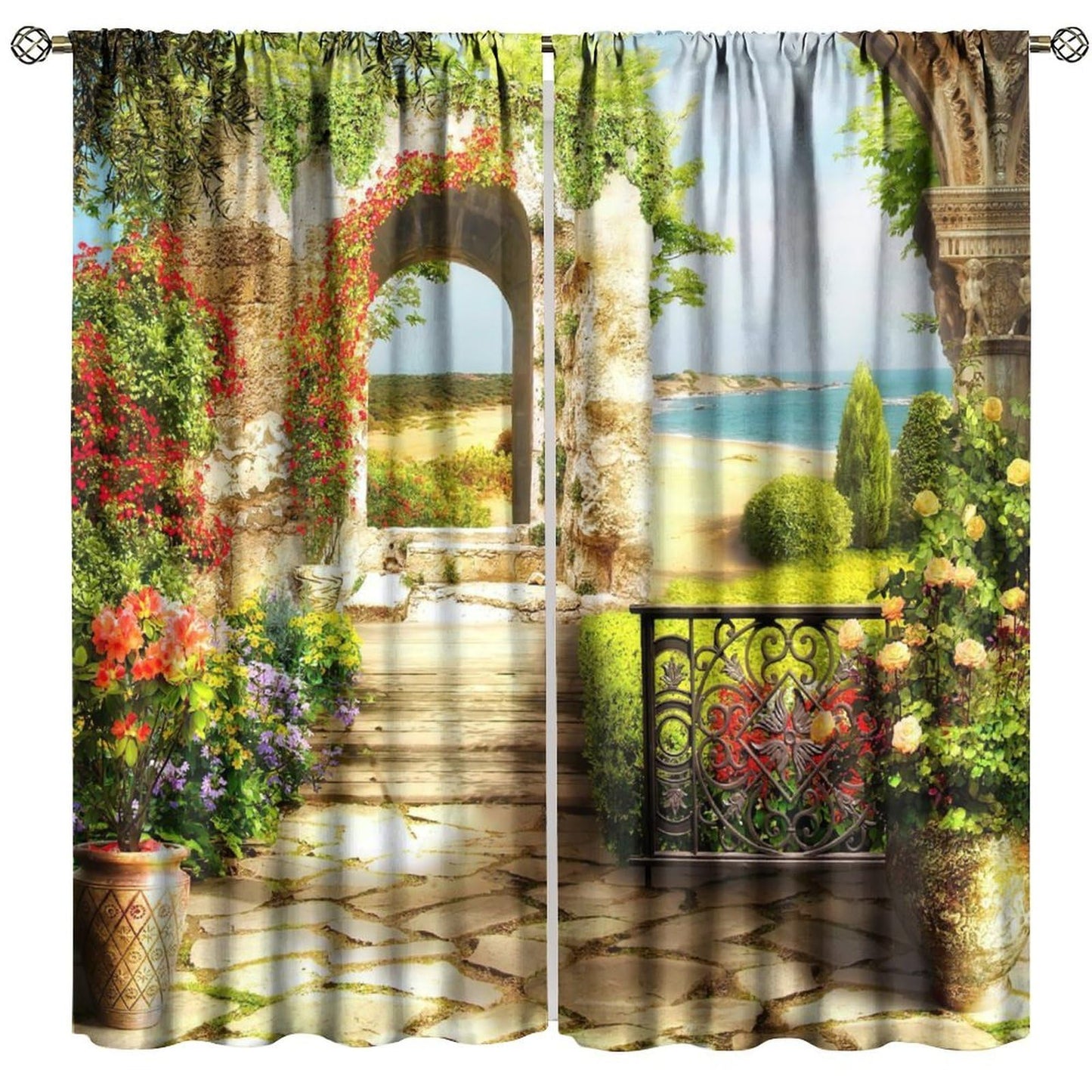 AuiMzoo Beautiful Landscape Decor Curtains, Old Stone Arch Seaview Balcony Garden Botanical Art Theme for Bedroom Living Room Curtains42X45 Inch