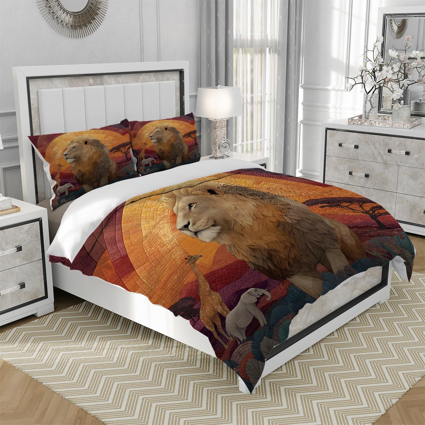RICQLESC Lion Duvet Cover and 2 Pillow, Tropical Africa Wildlife Animal Giraffe Elephant Comforter Set, Kids Boys Girls Bedding 3 Pieces, King Size 104x90 inch
