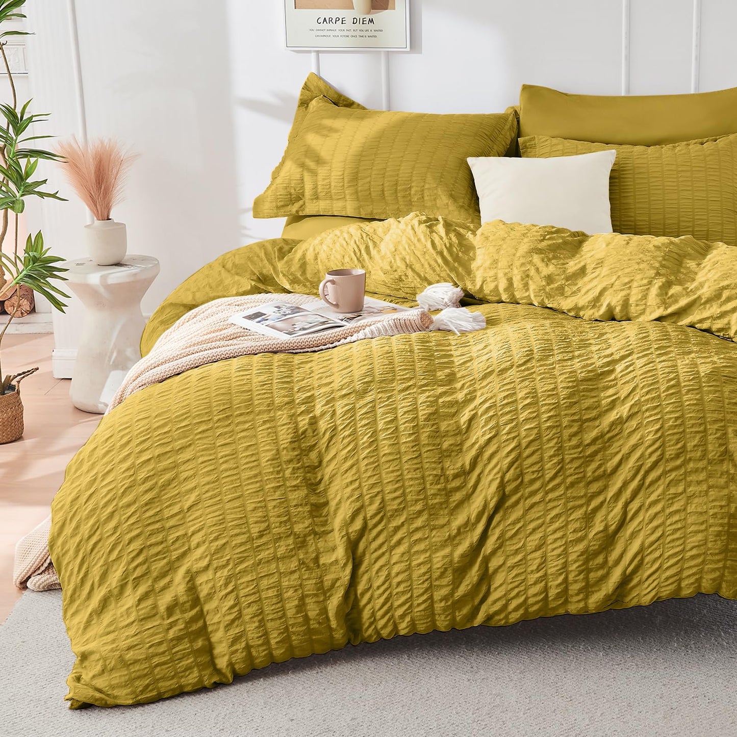 HYMOKEGE Mustard Yellow Twin Comforter Set Seersucker 5 Pieces, All Season Luxury Bed in a Bag for Bedroom, Bedding Set with Comforter, Sheets, Pillowcase & Sham