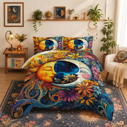 UEVBF Sun and Moon Comforter Set Queen Size,Colorful Flowers Bohemian Exotic Gothic Bedding Sets for Kids Teens Girls Room Decor,Universe Galaxy Bedding with 2 Pillowcases.