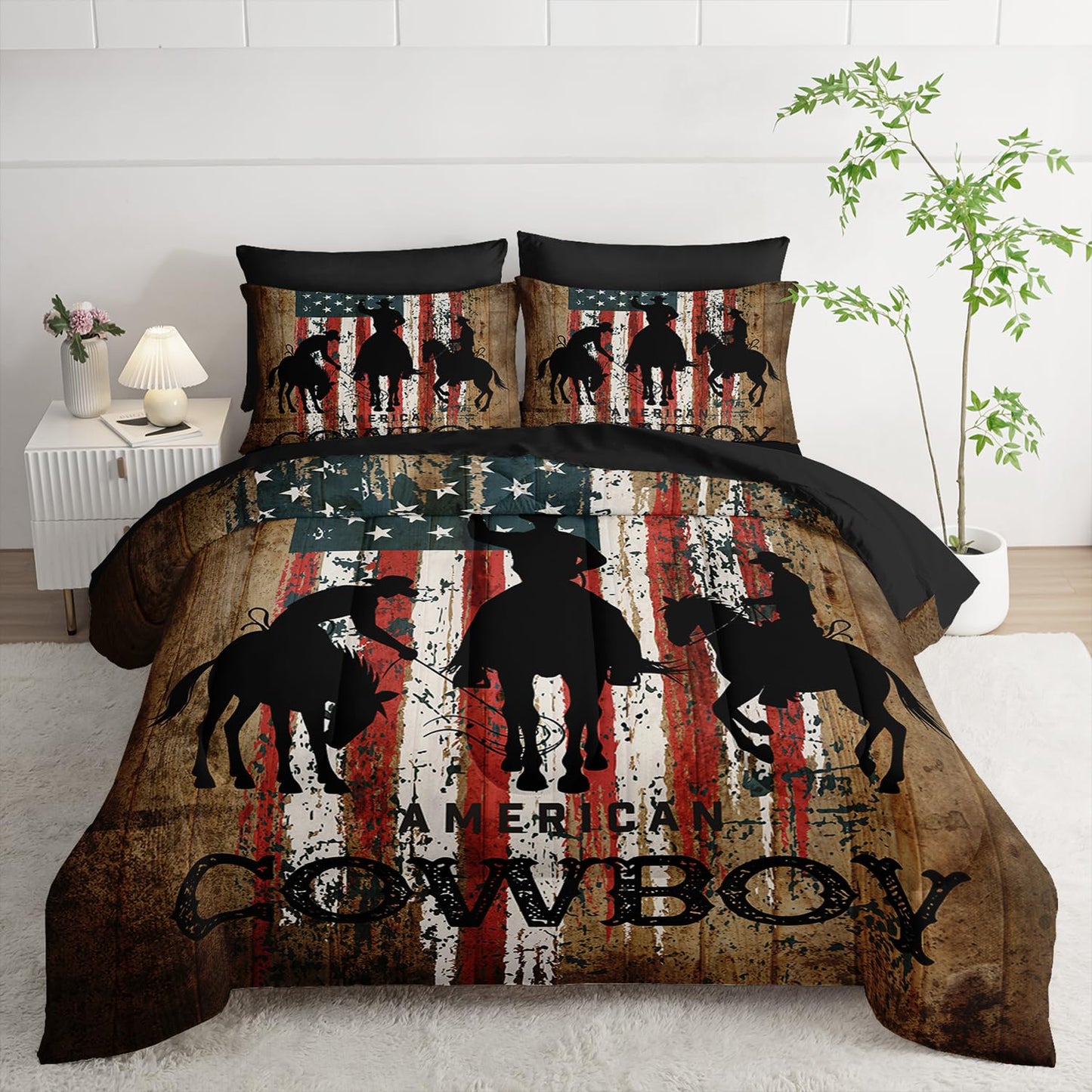 AILONEN Western Cowboy Comforter Set Full Size,7-Piece Rodeo Cowboy Riding Bull Bed in a Bag,United States Retro Country Style Comforter & Fitted Sheet & Flat Sheet & 2 Pillowcases,Soft Microfiber