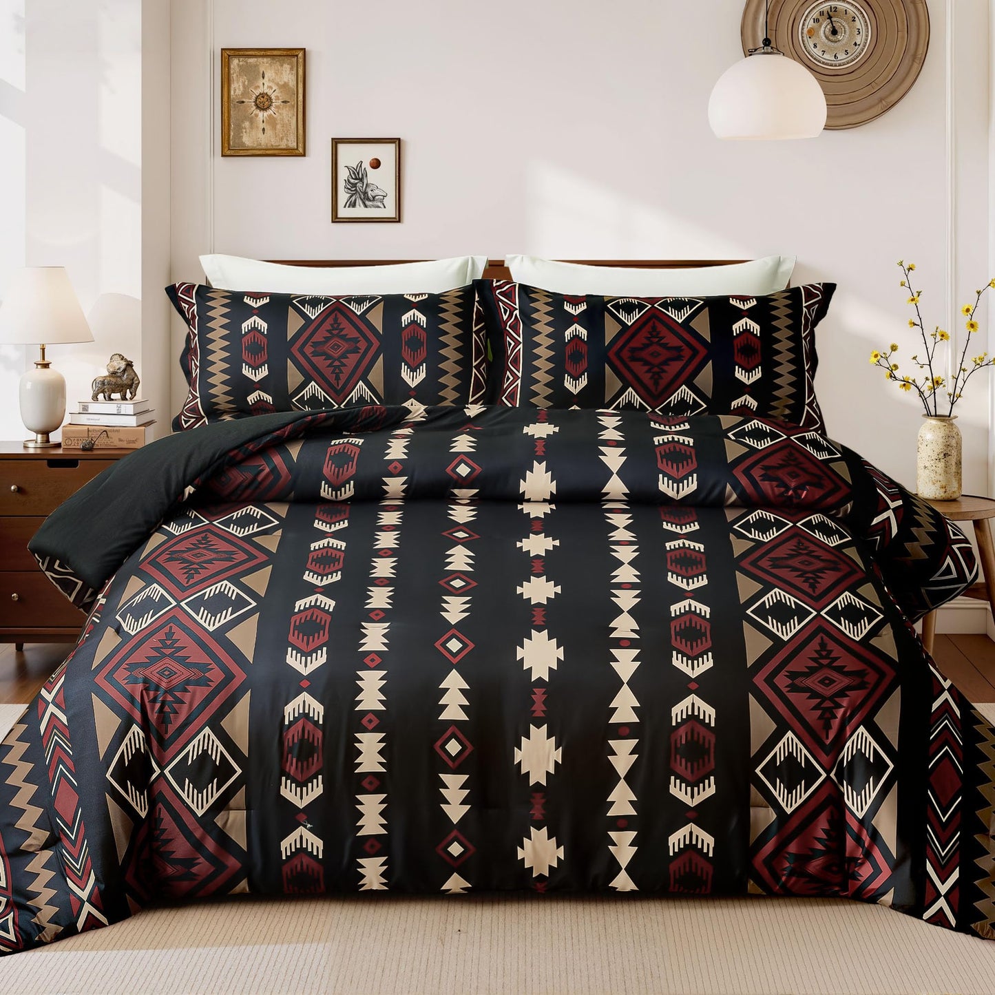 Tyrot King Comforter Set – 3 Piece Black Red Boho Aztec Bedding, Western Southwestern Style Comforter Sets, Soft Lightweight Comforter for All Seasons, 1 Comforter & 2 Pillow Shams