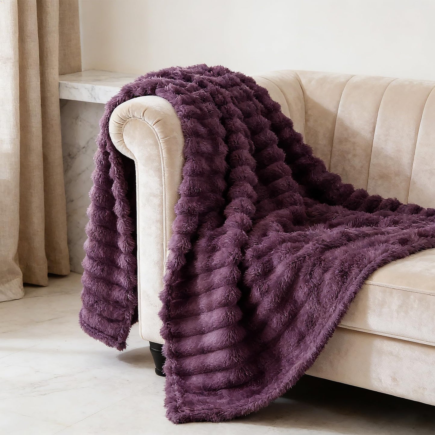 SS-Sunrise Fleece Throw Blanket for Bed 80"x90", Fluffy 3D Ribbed Jacquard Coral Purple Flannel Blanket 330gsm, Soft Plush Blanket for Home Decor