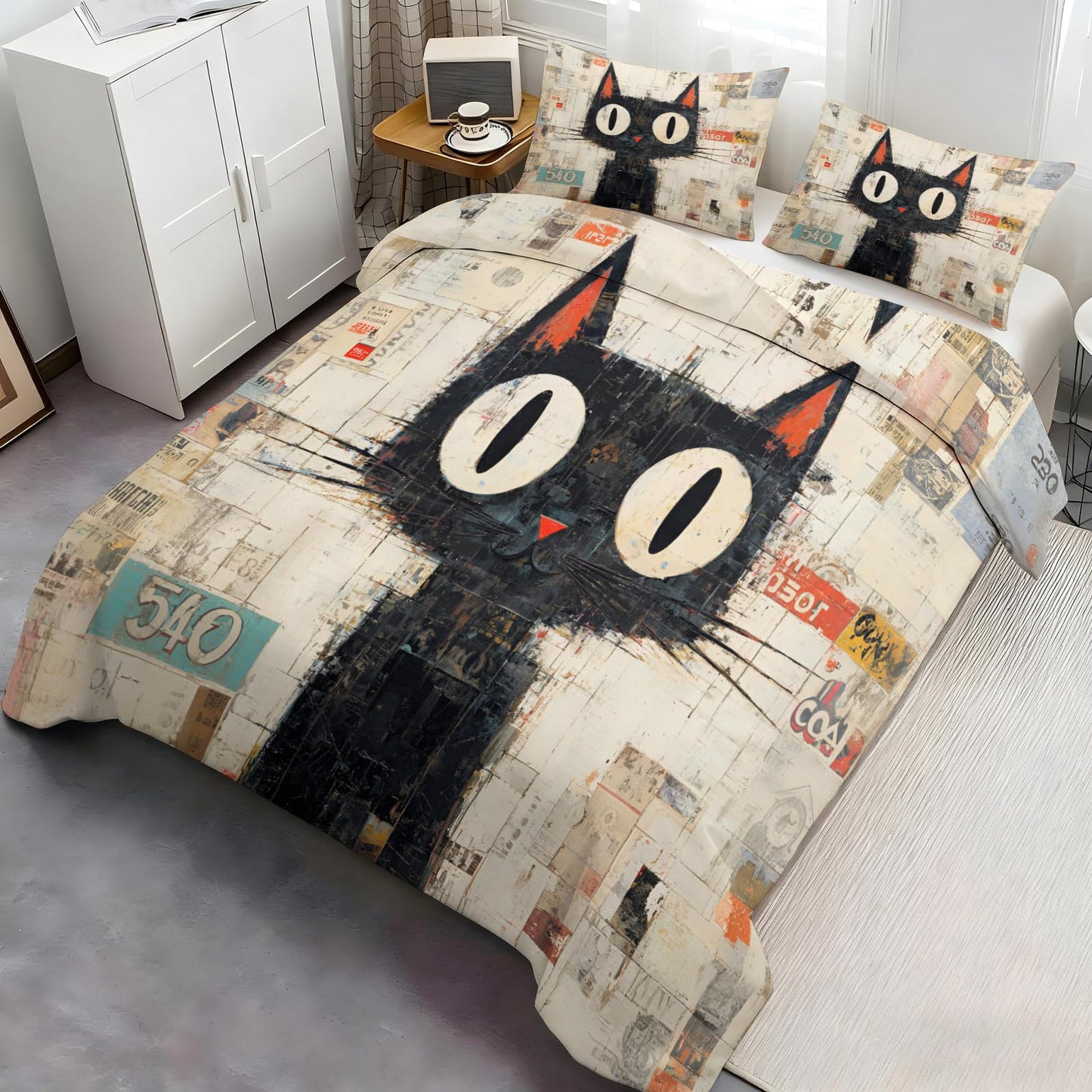 ZAMODE Cat Comforter Cover 90" x 90", Cartoon Kitten Bedding Queen Size, Retro Black Cat Duvet Cover with 2 Pillowcases