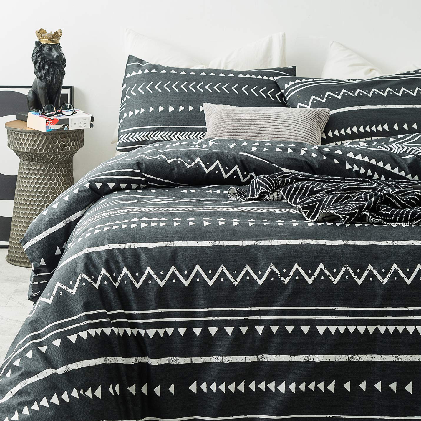YuHeGuoJi Black Boho Duvet Cover King 100% Cotton 3 Pcs Set 1 Southwestern Geometric Aztec Duvet Cover with Zipper Ties 2 Pillowcases Black White Tribal Bohemian Striped Bedding Set Soft