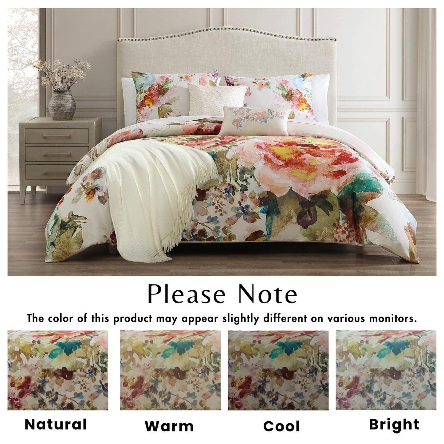 Bebejan Antique Flowers 5 Piece Comforter Set, 100% Cotton Sateen, 200 Thread Count, Ivory Floral Reversible Bedding Comforter Set, 1 Comforter, 2 Shams & 2 Pillows (King/Cal King)