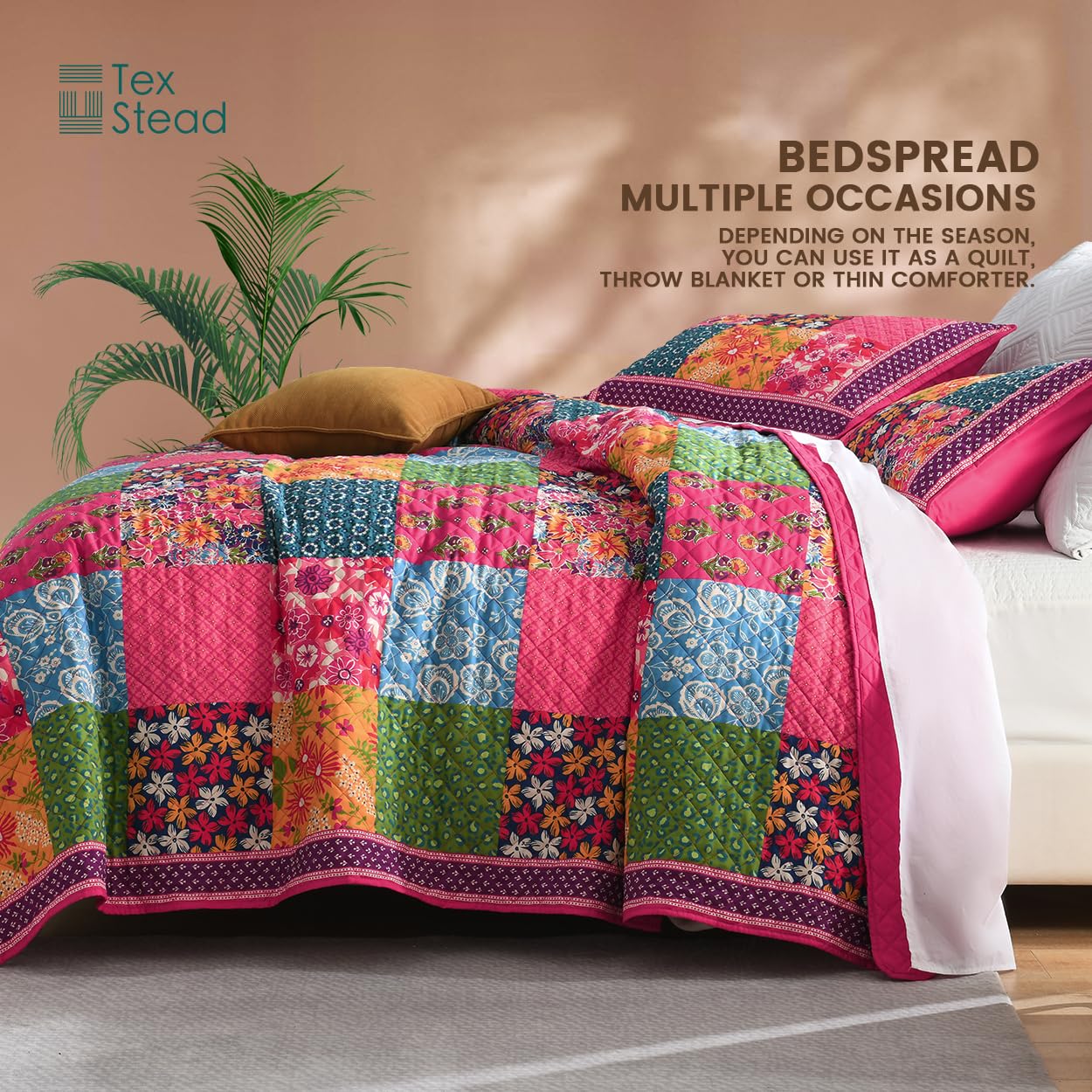 TEXSTEAD Queen Quilt Set - Washed Quilted Patchwork Comforter Coverlet, Lightweight Breathable Bedspread for All Seasons, Reversible 90"x90" with 2 Pillow Shams, Machine Washable