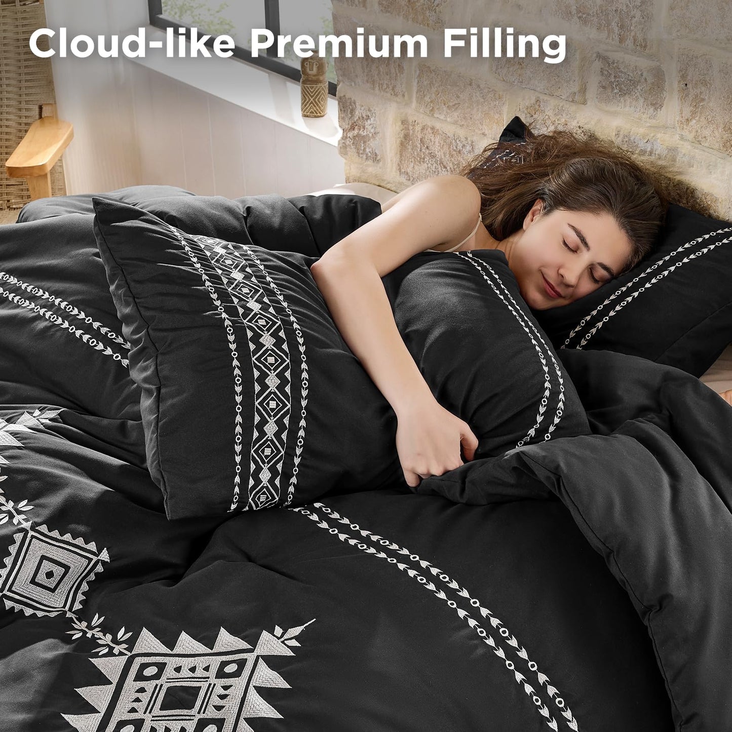 Baskbed Black Boho Embroidered Comforter Set Queen, 3 Piece Western Shabby Chic Bedding, Ultra Soft Fluffy Microfiber Comforter with 2 Pillowcases, All Season & Oeko-TEX Certified