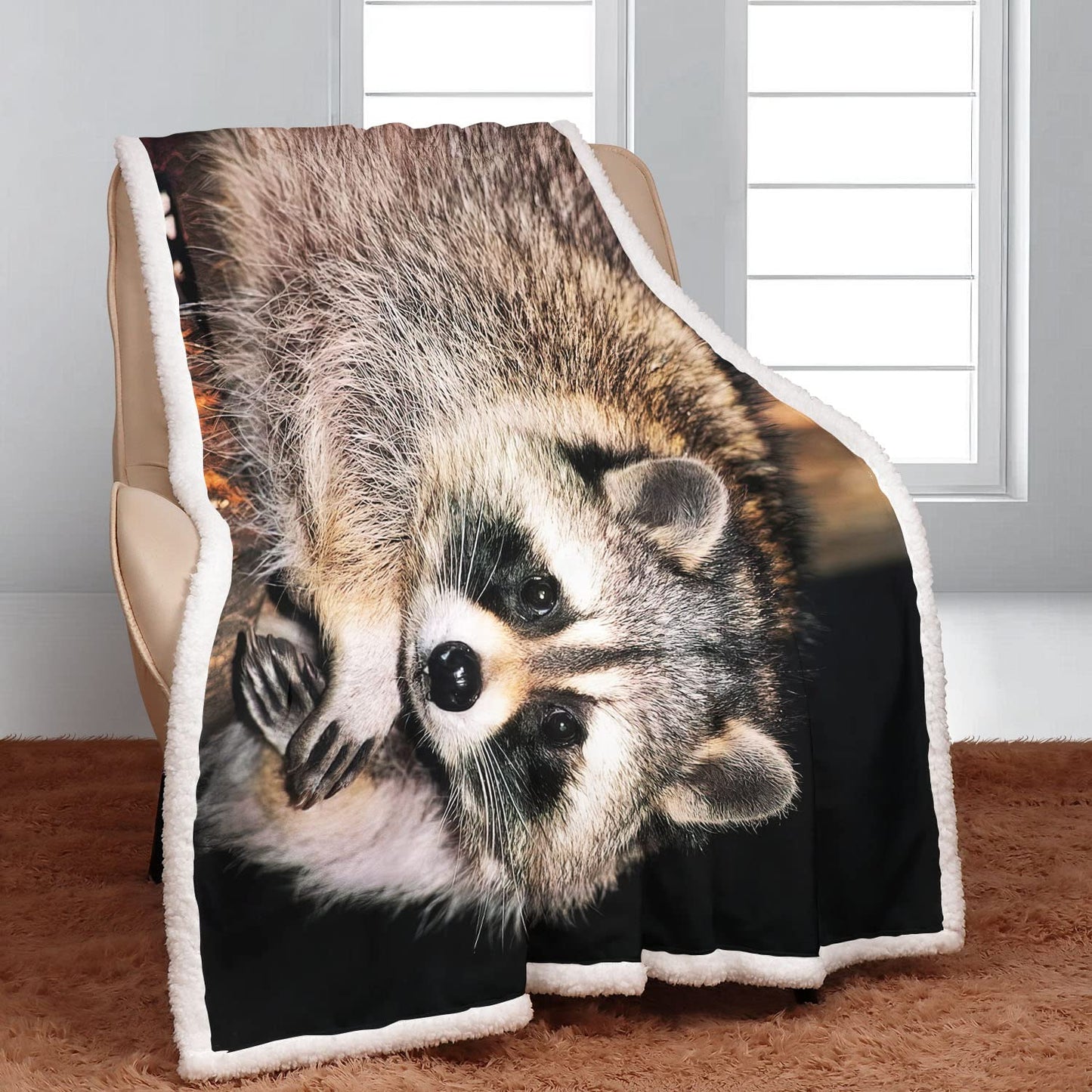 XSMEI Raccoon Sherpa Blanket, Animal Print Fleece Throw Blankets for Couch Sofa Bed, Super Soft Warm and Lightweight, 50" x 60"