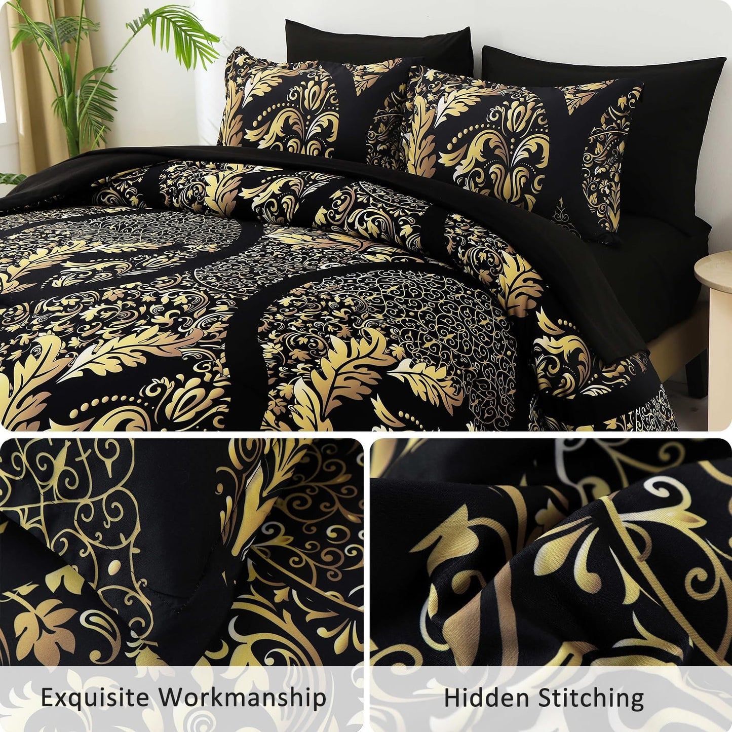 Anibedding Black Gold Comforter Set King Size, 7 Pieces Bohemian Damask Comforter Set Soft Lightweight Microfiber Bedding Set for All Season (104"x90")