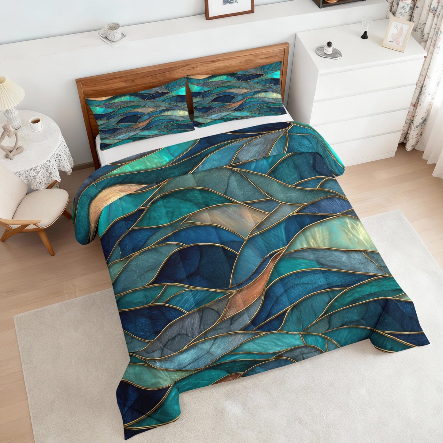 Flumoxa Stained Glass Comforter Set Full, Teal Abstract Marble Comforter Down Alternative All Season Bedding, Stained Glass Bed Sets Full Size with Pillowcase, Bedroom Decor