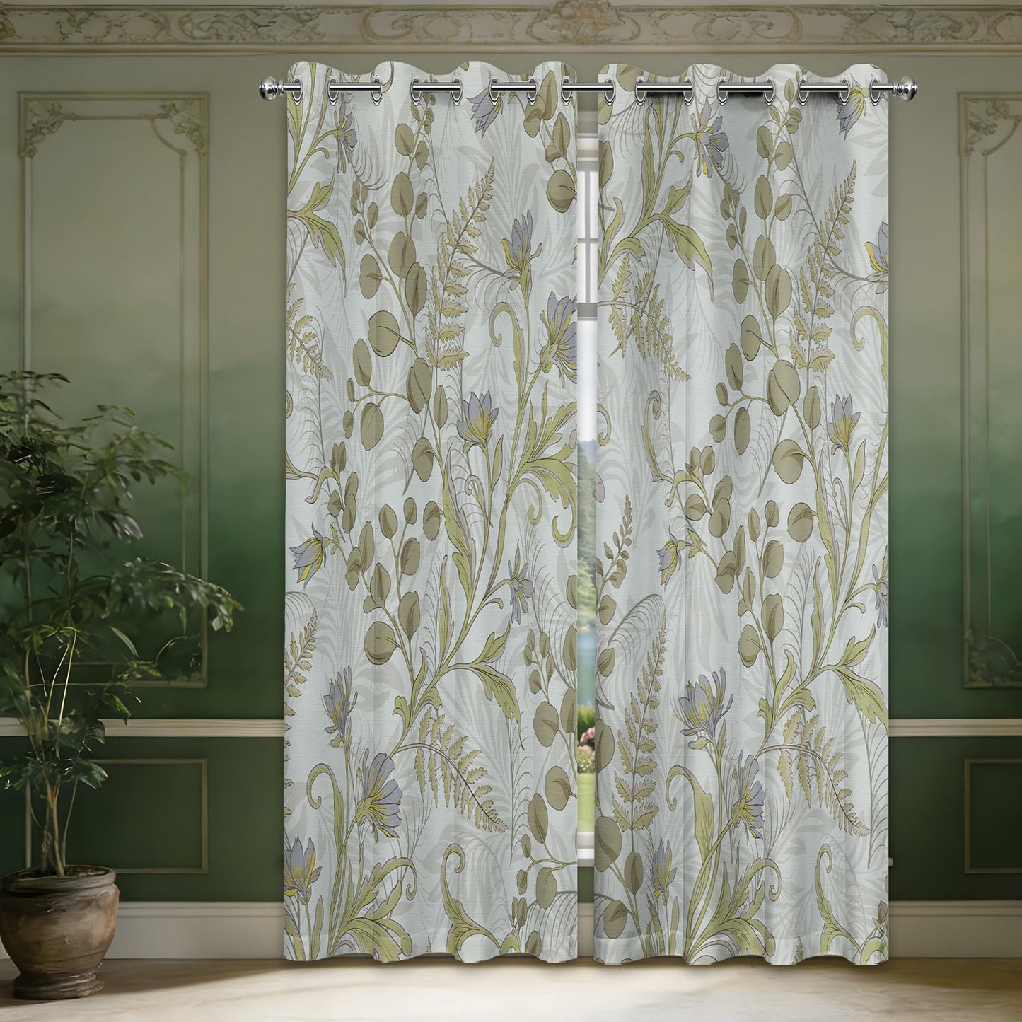 soeeao Sage Green Vintage Botanical Blackout Curtains Patterned Plant Leaf Window Drapes for Bedroom Living Room, 84 inch Length 2 Panels Set, 52x84 inch