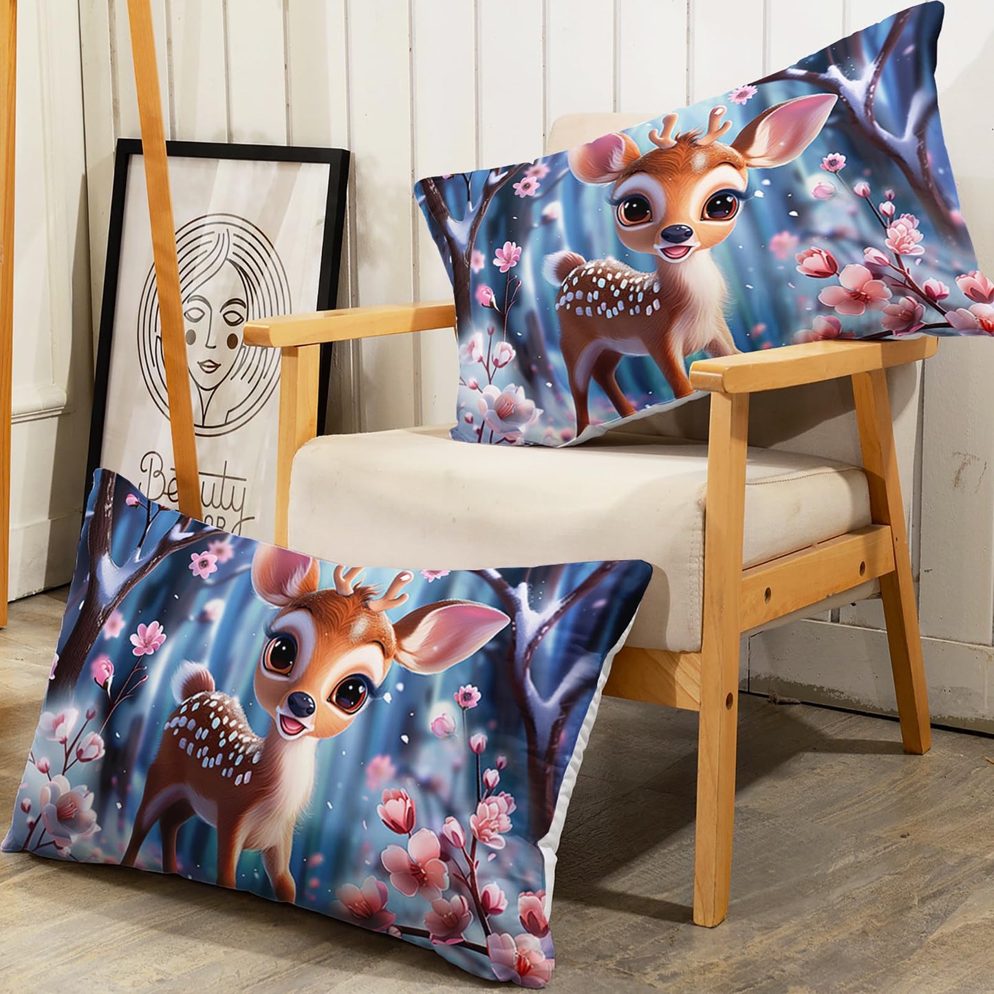 AILONEN Cute Deer Fitted Sheet Set Twin XL,Winter Snow Pink Blossom Bed Sheet + 2 Pillowcases,Cartoon Animal Sika Deer Bedding Set for Kids Girls,3Pcs