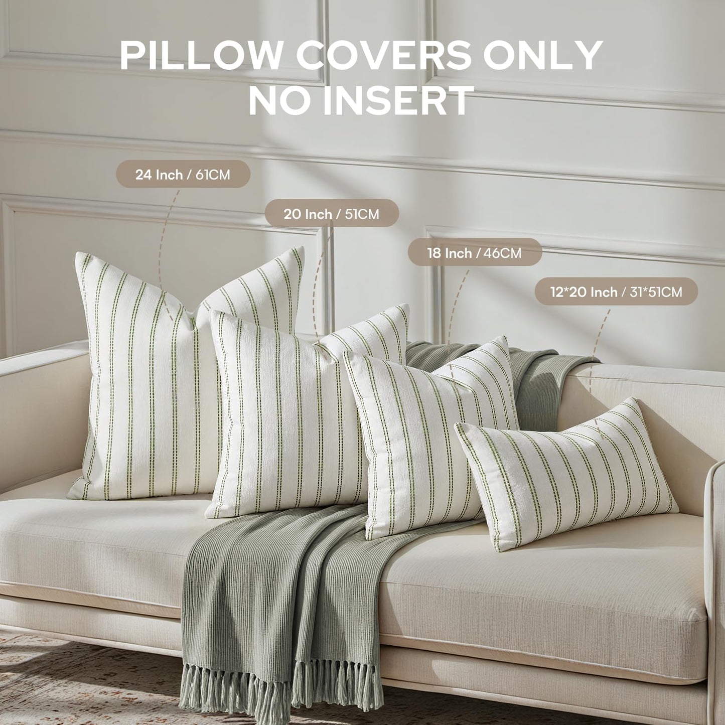 HOMEIDEAS Decorative Sage Green Throw Pillow Covers 20x20 Set of 2, Striped Textured Farmhouse Pillow Covers, Soft Chenille Cushion Covers for Couch Sofa Bed Home Decor
