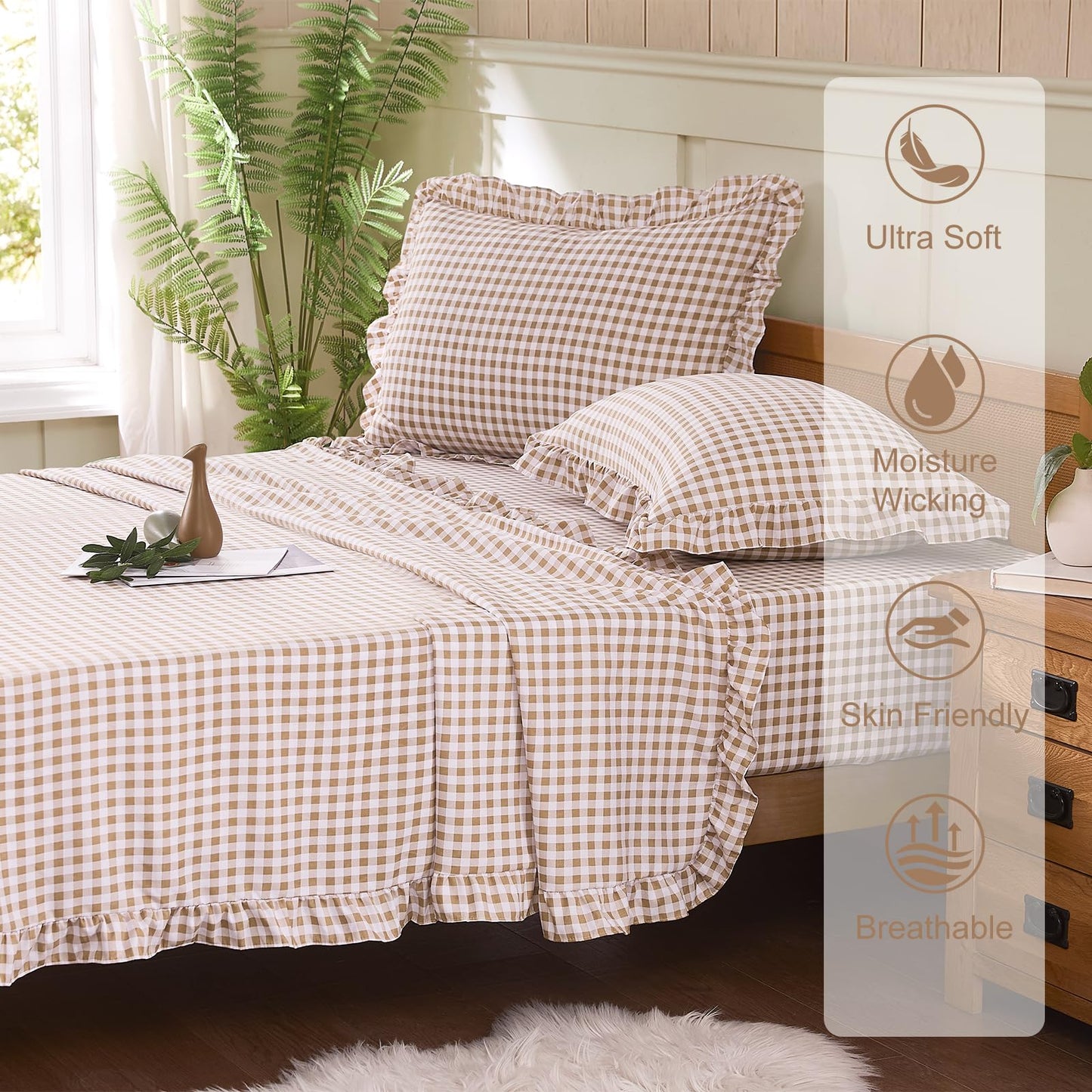 kisswish Gingham Full Sheet Set, Lightweight Super Soft Brushed Microfiber Plaid Bed Sheets with 16" Deep Pocket, 4 Piece Ruffle Farmhouse Bedroom Decor, Taupe
