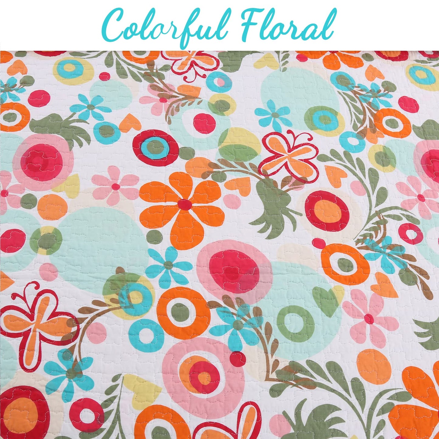 Cozy Line Home Fashions Pink Green Blue Orange Colorful Floral Whimsy Reversible Girl Quilt Bedding Set, Coverlet, Bedspread (Twin - 2 Piece: 1 Quilt + 1 Standard Sham)