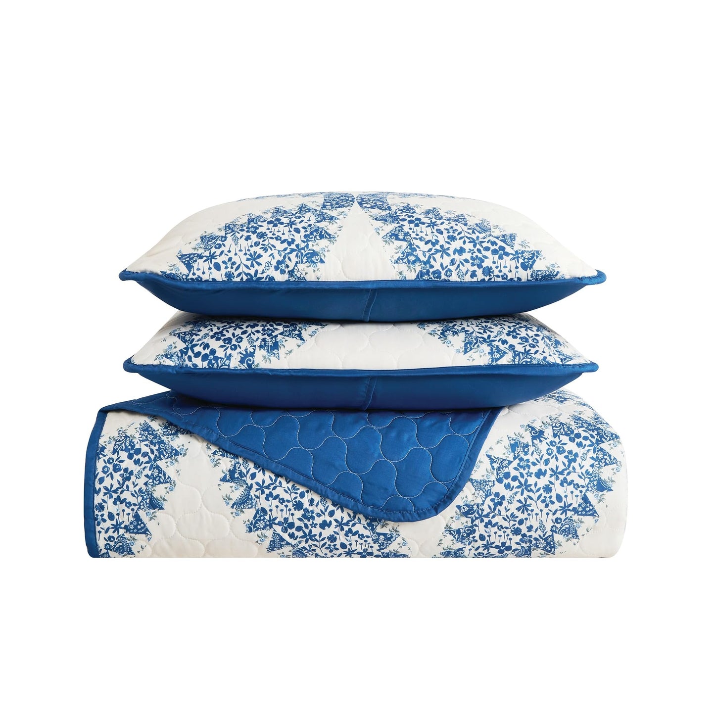 CANNON Abigail Quilt Set Cream and Blue Polyester 3-Piece King Quilt Set, Floral Themed, for Men and Women, Oeko-TEX Certified Confidence