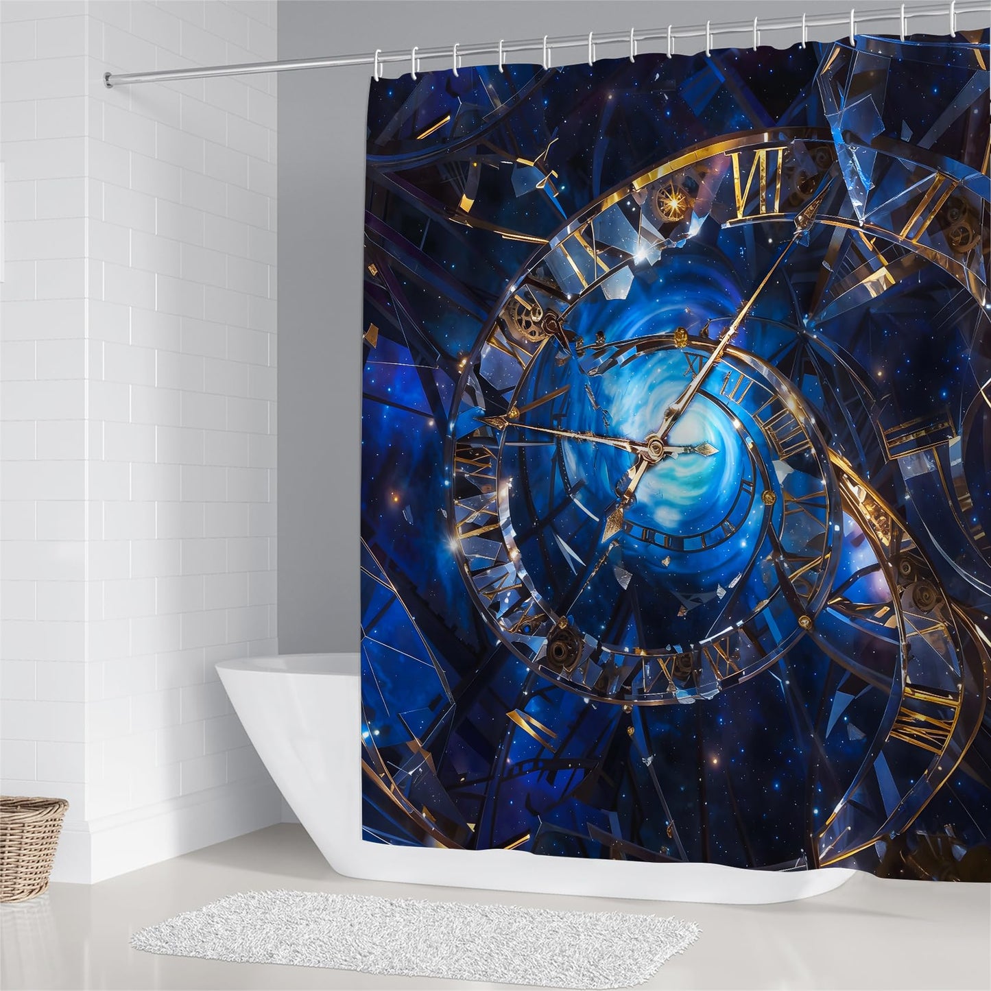 Chrainy 4Pcs Twisted Clock Shower Curtain Set with Rugs Blue Starry Sky Bathroom Decor Set Cosmic Bathroom Set with Shower Curtain and Rugs and Accessories 12 Hooks