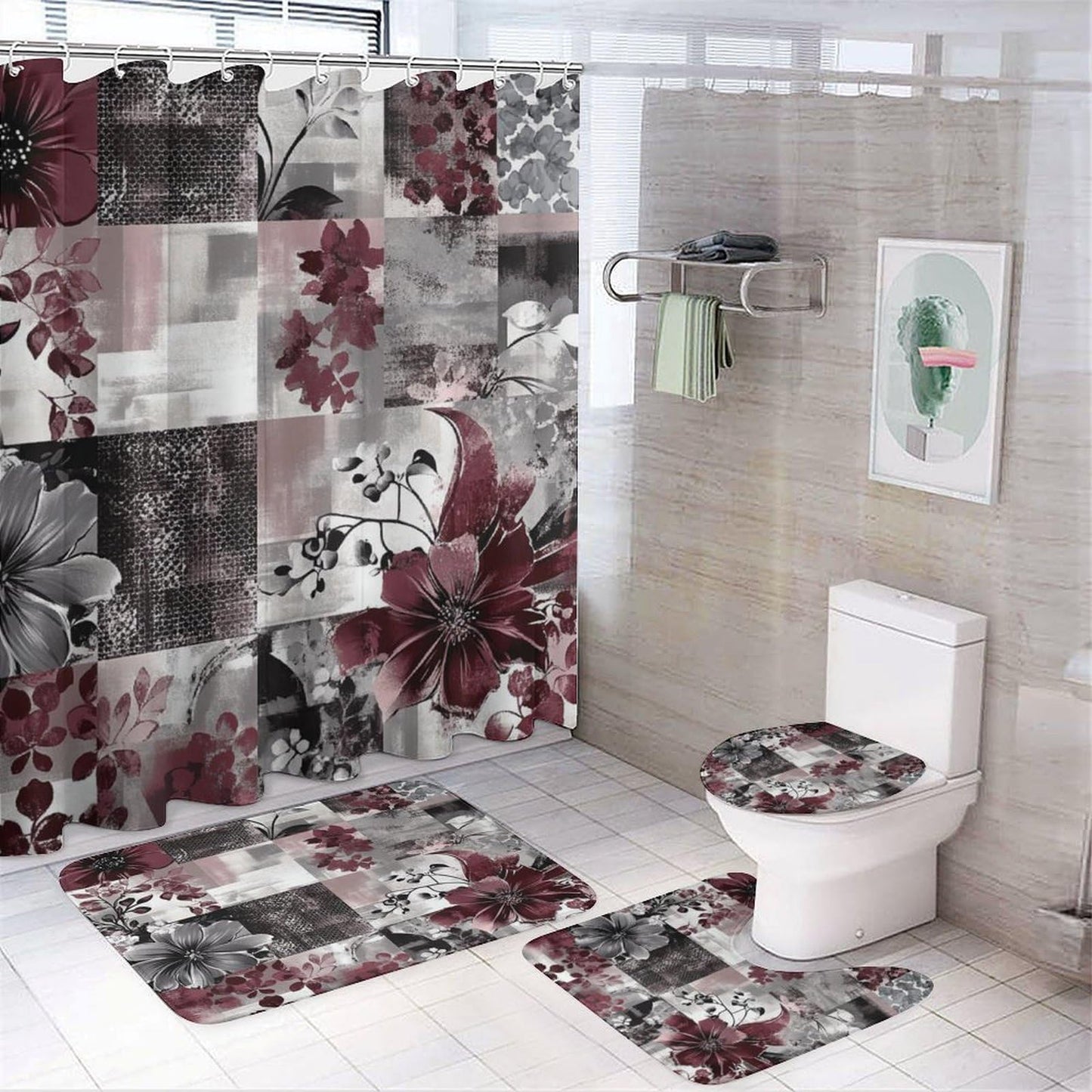DIPQIMI 4Pcs Red Grey Flower Shower Curtain Sets with Rugs, Toilet Lid Cover and Bath Mat, Beautiful Patchwork Botanical Bathroom Shower Curtains Set with 12 Hooks
