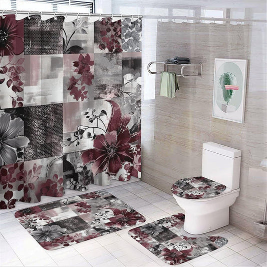 DIPQIMI 4Pcs Red Grey Flower Shower Curtain Sets with Rugs, Toilet Lid Cover and Bath Mat, Beautiful Patchwork Botanical Bathroom Shower Curtains Set with 12 Hooks