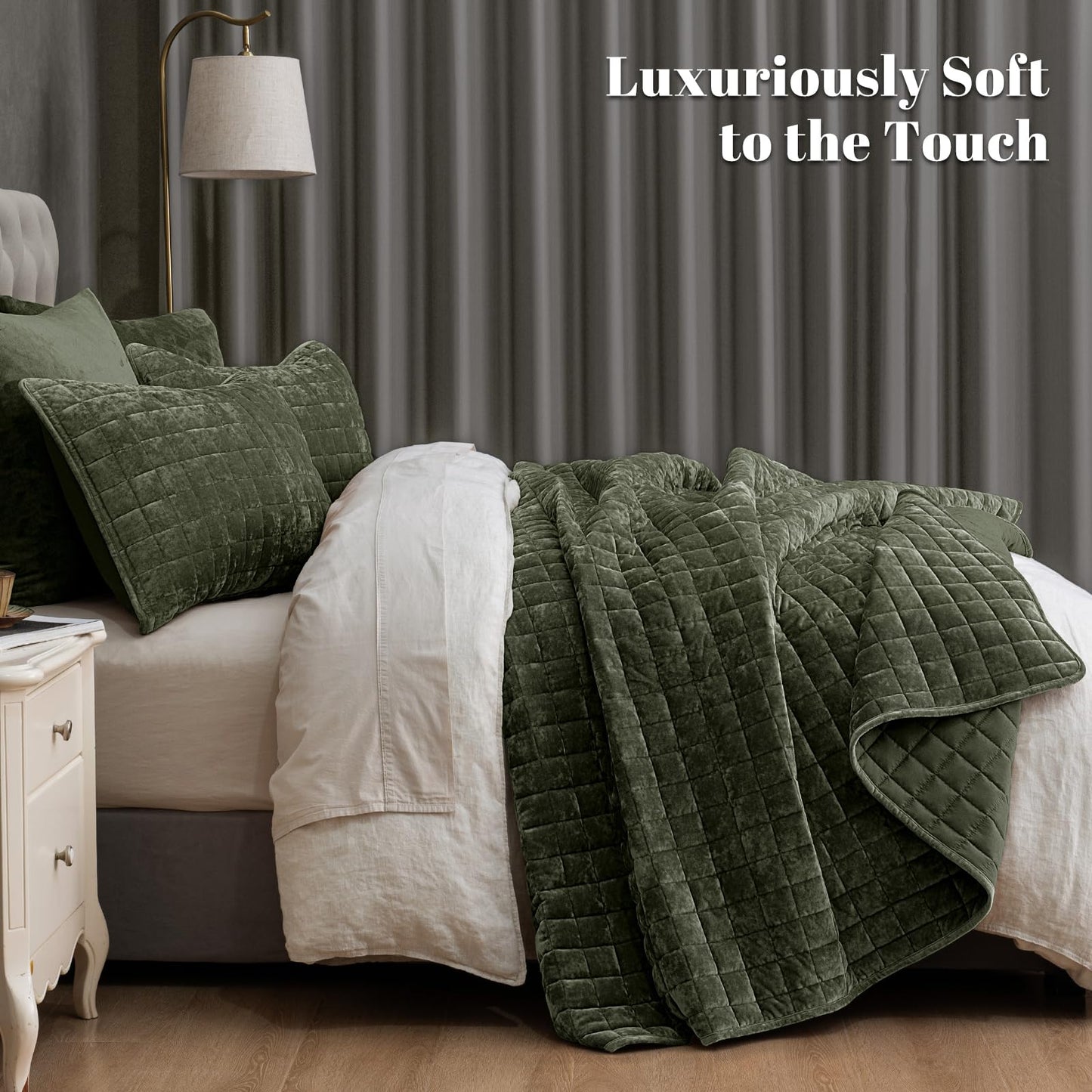 PHF Luxurious Velvet Quilt Set Queen Size – 3PCS Super Soft Quilted Comforter Alternative with Square-Box Quilt Pattern, Warm Quilted Bedspread Coverlet, 90" x 92", Smokey Olive