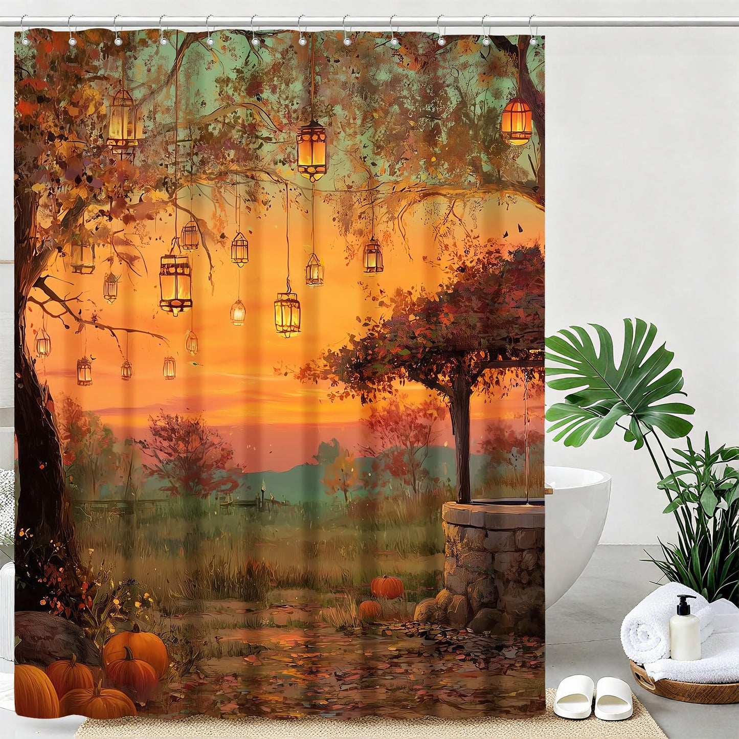mutakin Fall Pumpkins Shower Curtain Autumn Thanksgiving Tree Shower Curtains for Bathroom Waterproof Fabric Bath Curtain Decor with Hooks