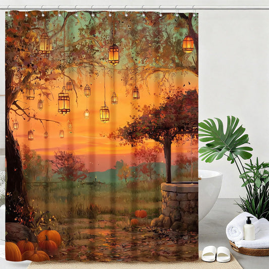 mutakin Fall Pumpkins Shower Curtain Autumn Thanksgiving Tree Shower Curtains for Bathroom Waterproof Fabric Bath Curtain Decor with Hooks