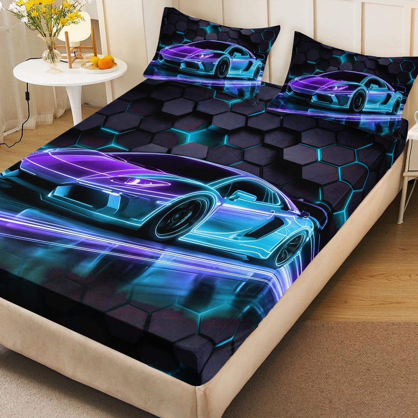 HOSIMA Race Car Bedding Sets Full for Boys,Honeycomb Geometric Background Neon Pattern Cool Extreme Sports Bedding for Kids Men Car Room Decor,1 Fitted Sheet+2 Pillowcases.