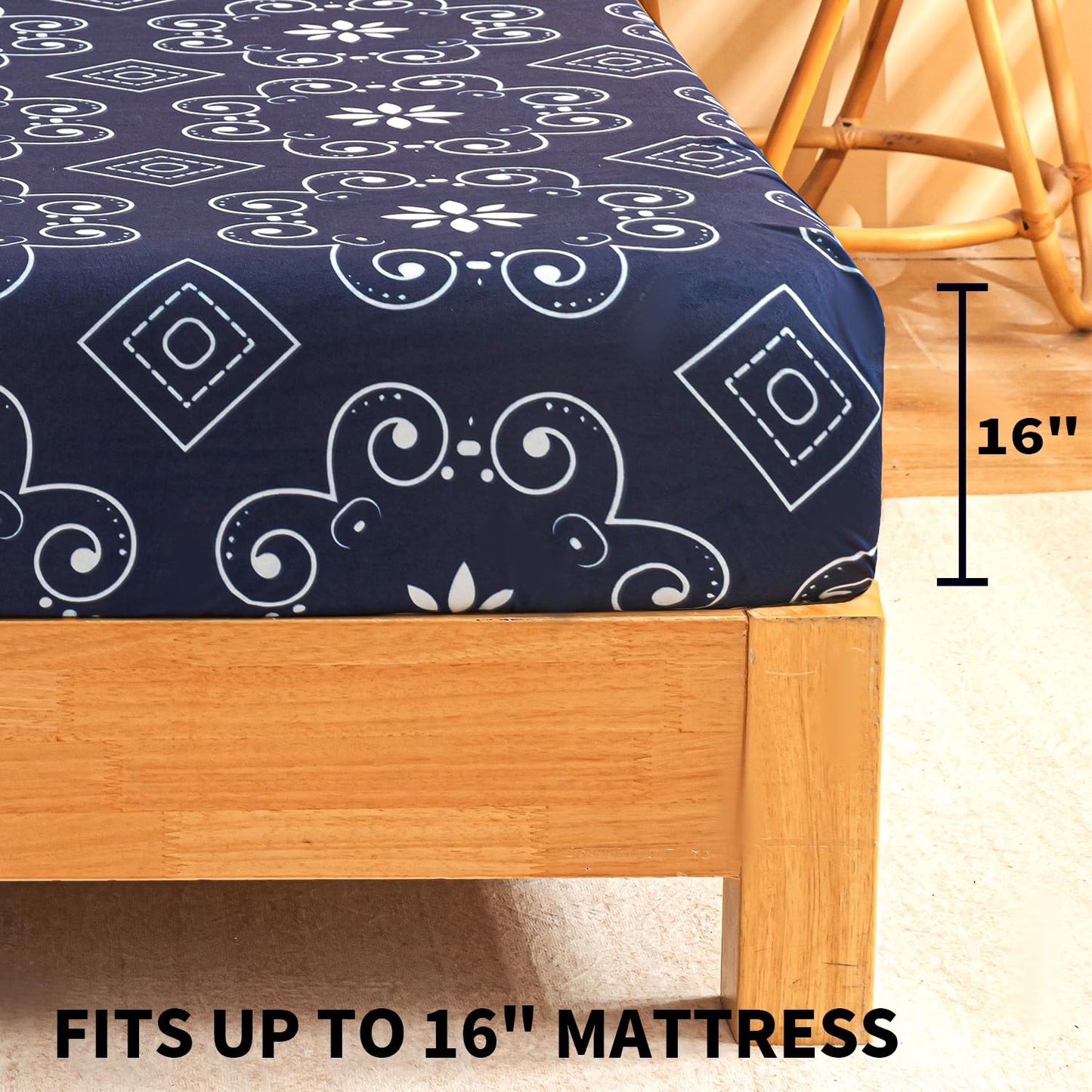 Marquess Microfiber Flannel Sheet Set - Ultra Soft Printed Bedding Collection, 16 Inches Deep Pocket, Flannel Bed Set Includes 1 Flat Sheet, 1 Fitted Sheet & 2 Pillowcases (Queen, Navy)