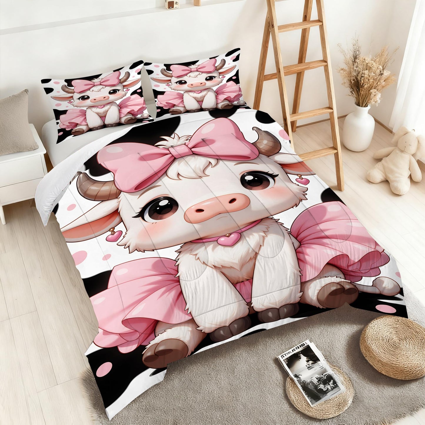 VTKON Cute Girls Cow Comforter Set Twin Size for Kids Teens Pink Bow Tutu Cow Bedding Set Kawaii Cartoon Animal Bed Set for Toddler Nursery Bedroom Decor Soft Quilt Set with 1 Pillowcase
