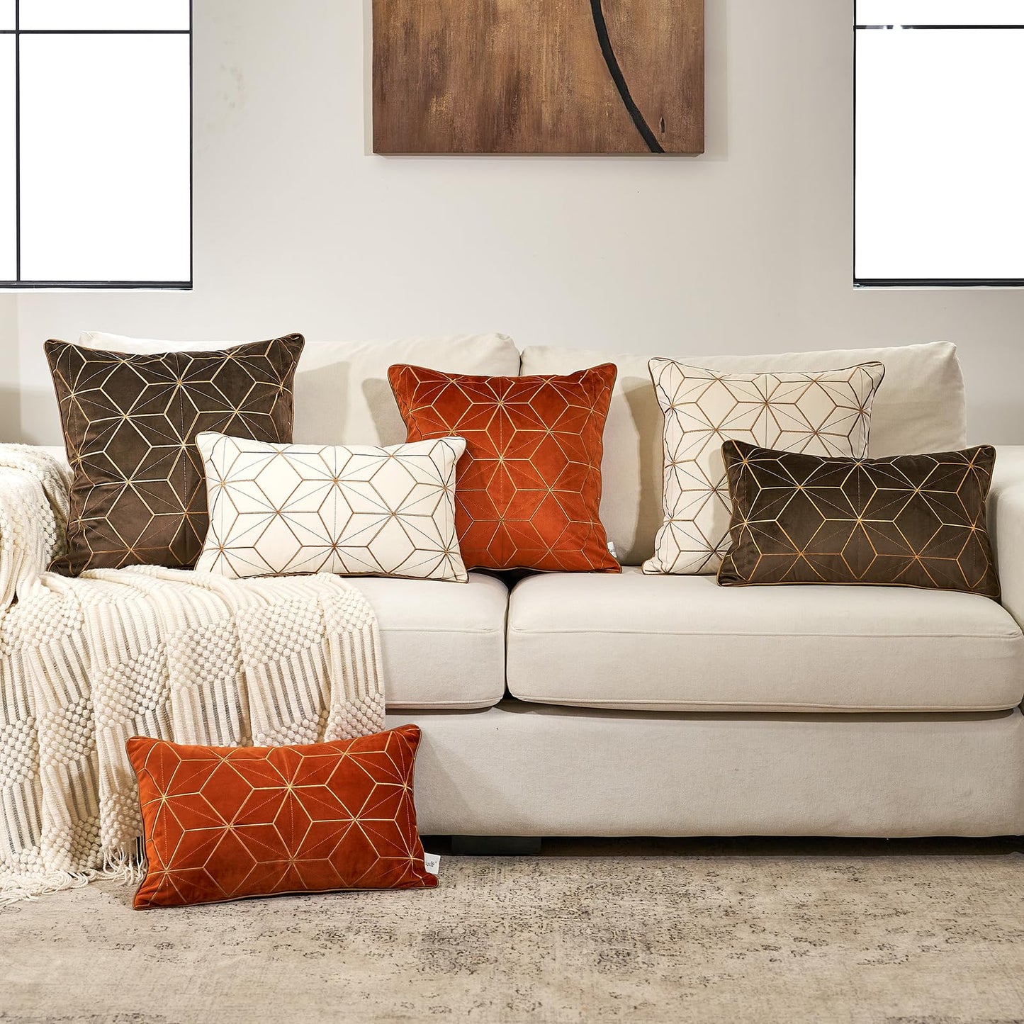 Aeckself Dark Brown Gold Plaid Geometric Throw Pillow Covers 20x20 Inch, Luxury Embroidery Velvet Cushion Case Square Modern Decorative Pillow Covers for Couch Living Room Bedroom