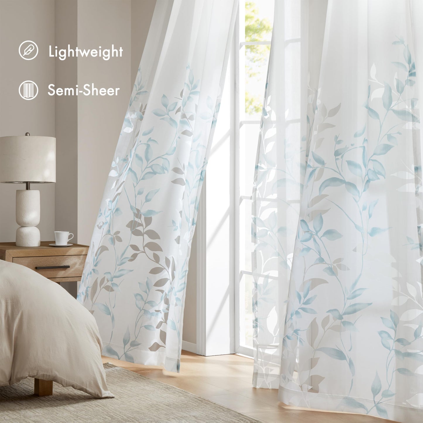 Madison Park Cecily Semi Sheer SINGLE Panel Window Curtain Burnout Botanical Print, Easy To Hang, Fits up to 1.25" Diameter Rod, 50x84", Leaves Aqua