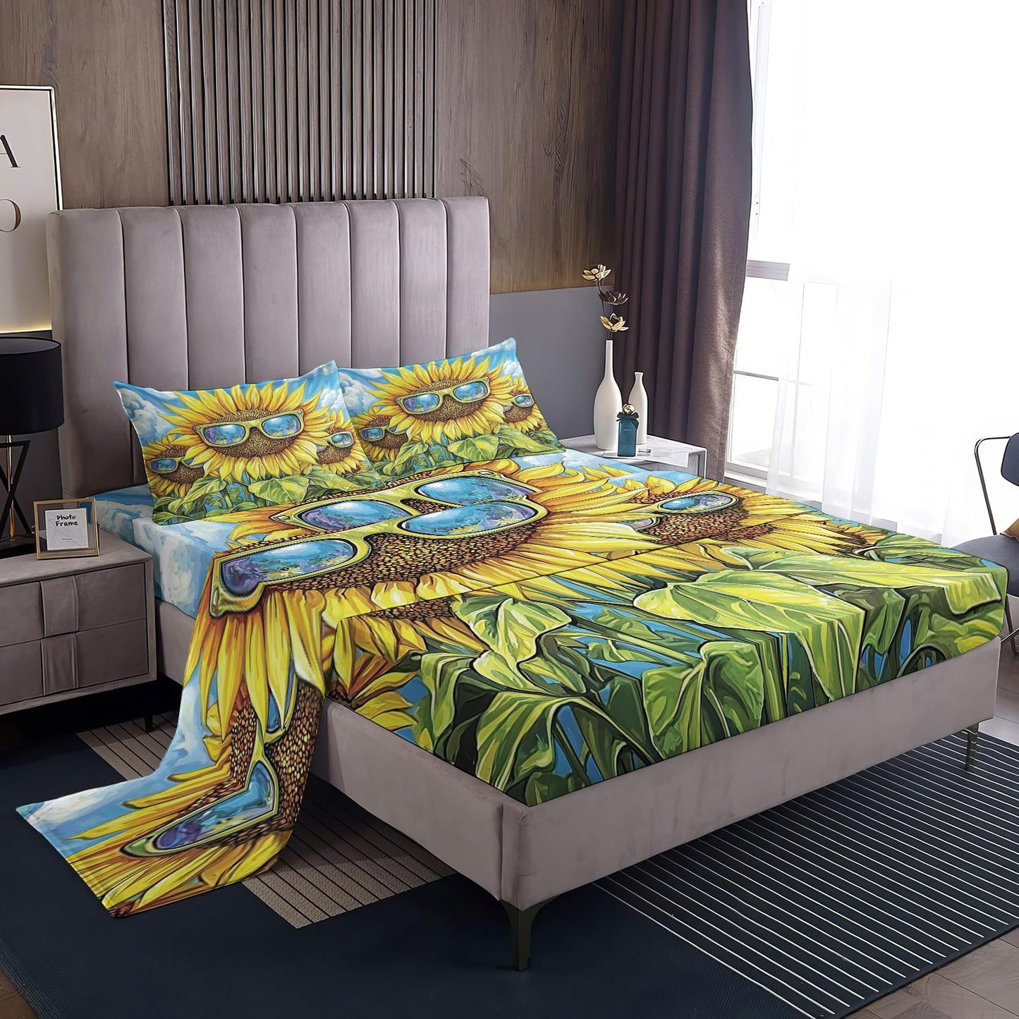 Rejkxyw King Size Sheets Set Sunflower - Funny Yellow Floral Bed Sheets - Kids Boys Girls Sheet Set - 12 Inch Deep Pocket - Ultra Soft Winkle Free Microfiber Bedding Sheets & Pillowcases 4 Piece